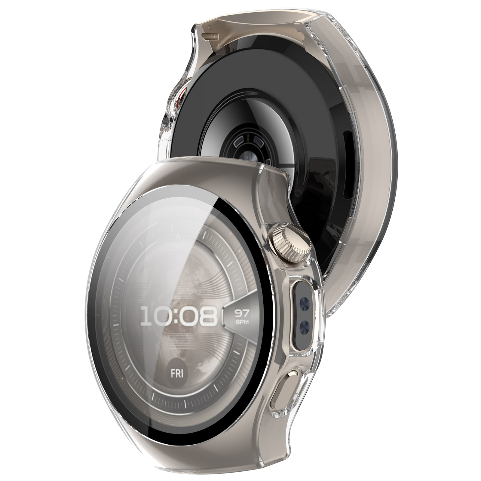 Een smartwatch met een doorzichtige beschermhoes, die de tijd en datum weergeeft. Het horloge heeft een metalen rand en een zwarte, ronde achterkant.
