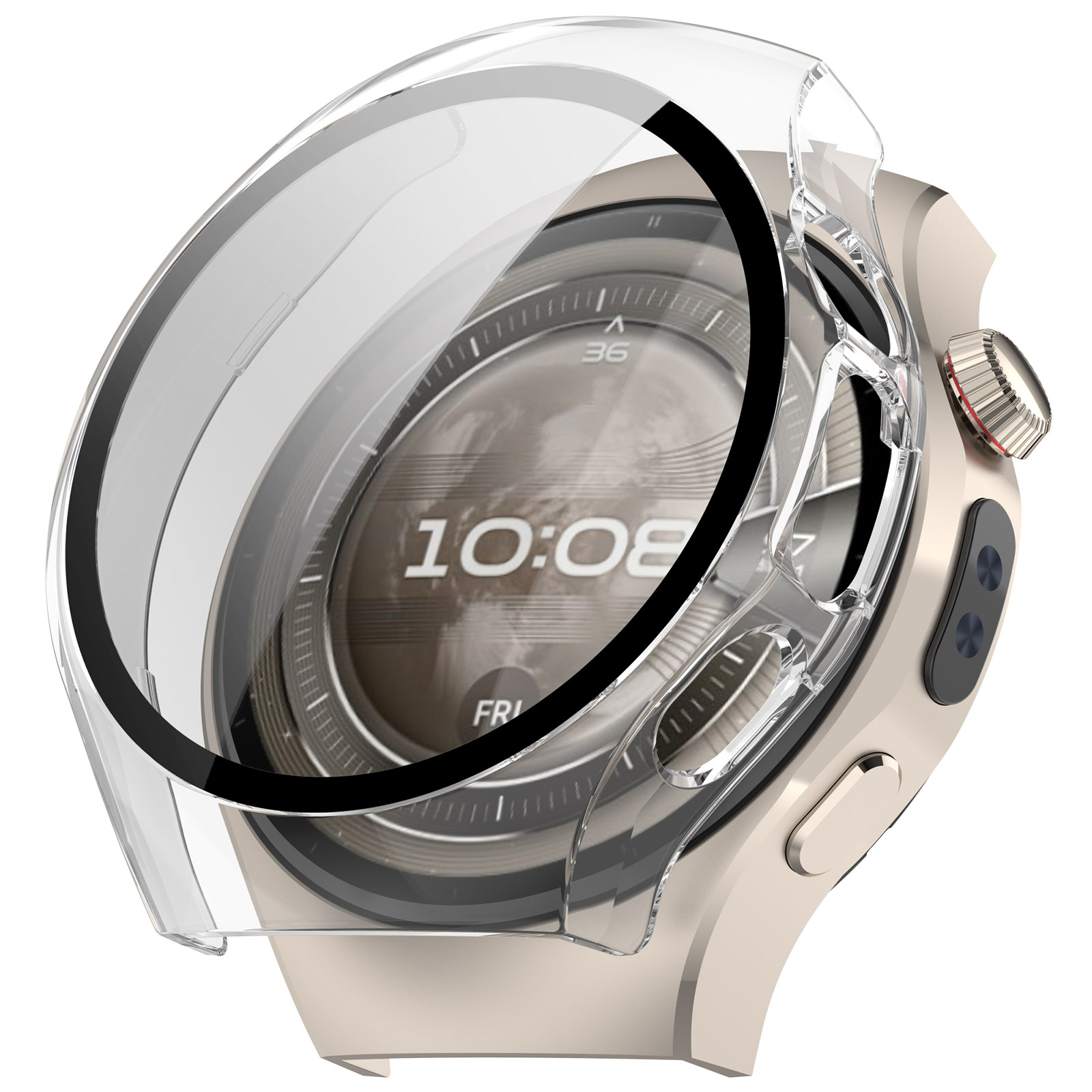 Een gouden smartwatch met een doorzichtige beschermhoes. De wijzerplaat toont 10:08. De hoes is transparant.