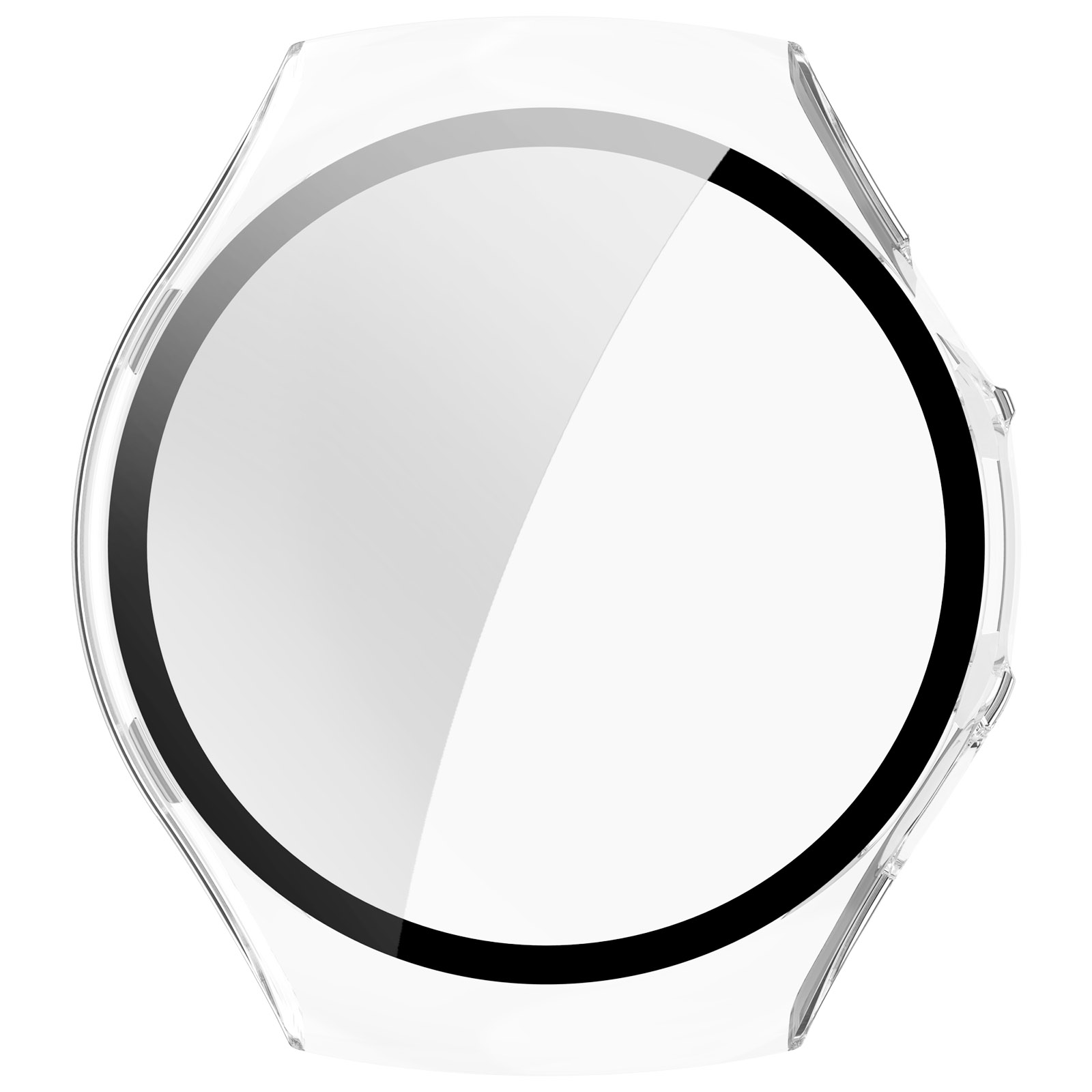 Een doorzichtige beschermhoes voor een horloge. Het heeft een transparante behuizing met een zwarte ring binnenin en een witte achtergrond.