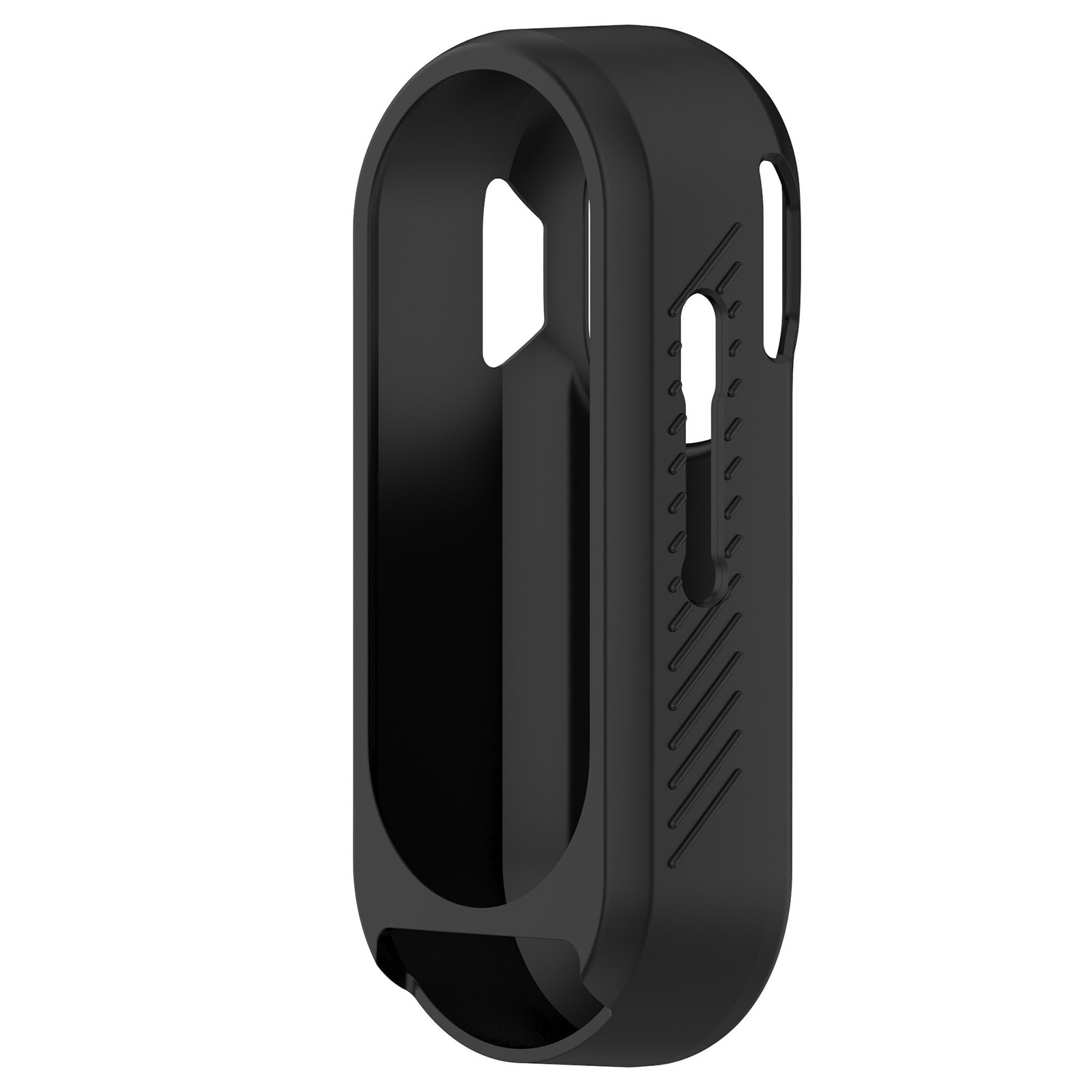 Una custodia protettiva nera per un dispositivo elettronico. Ha ritagli per pulsanti e aperture laterali.