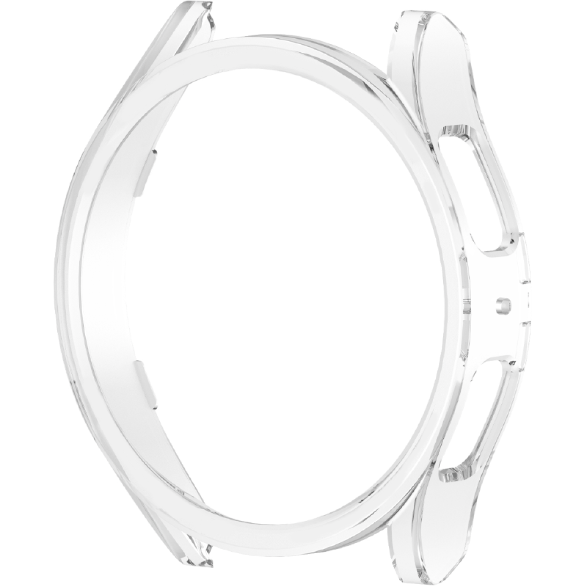 Een transparante, heldere horlogekast, ontworpen om het horloge te beschermen. Het is gebogen met uitsparingen voor de knoppen.
