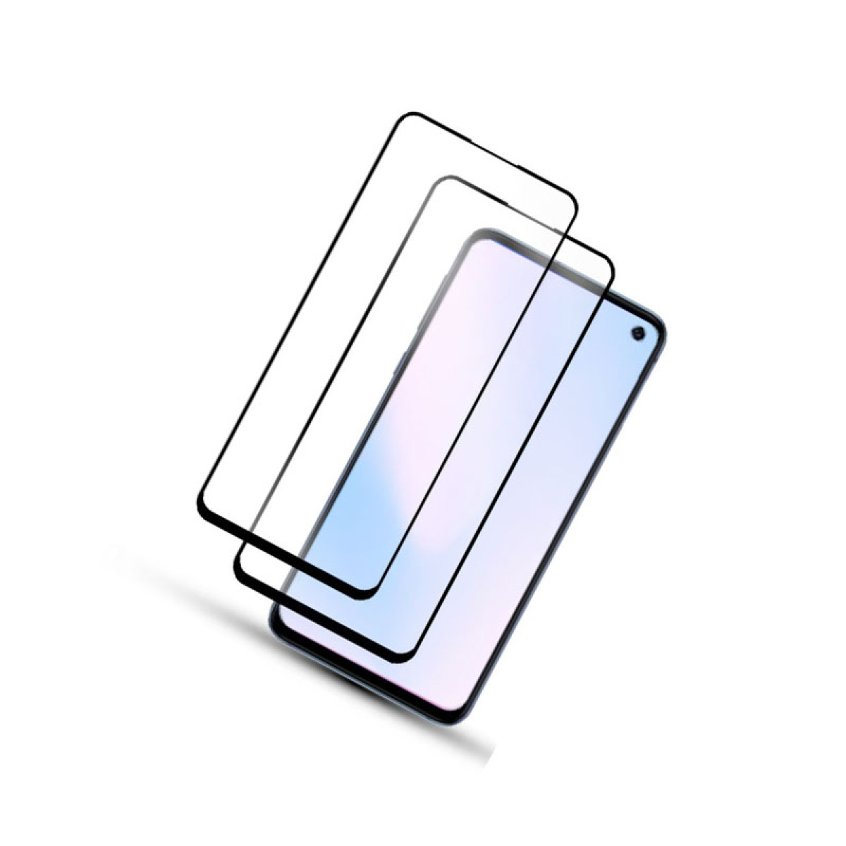Uno smartphone con protezioni per lo schermo su sfondo bianco. Il telefono è nero, lo schermo ha una sfumatura e ci sono due protezioni.