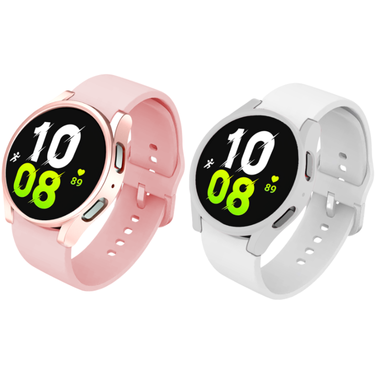 Twee smartwatches naast elkaar. Eén is roze met een roségouden kast, de andere is wit met een zilveren kast. Beide hebben digitale displays.