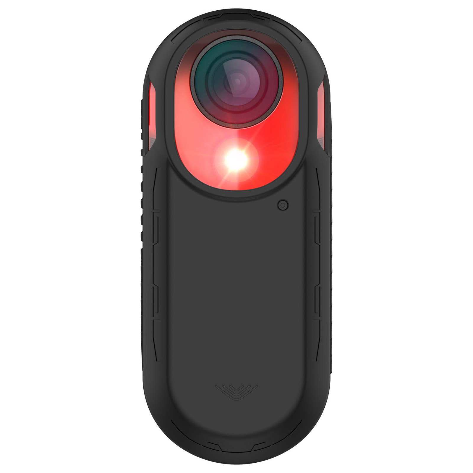 Una action cam nera con lente rossa. Ha una luce intensa e un pulsante. L'alloggiamento è nero.