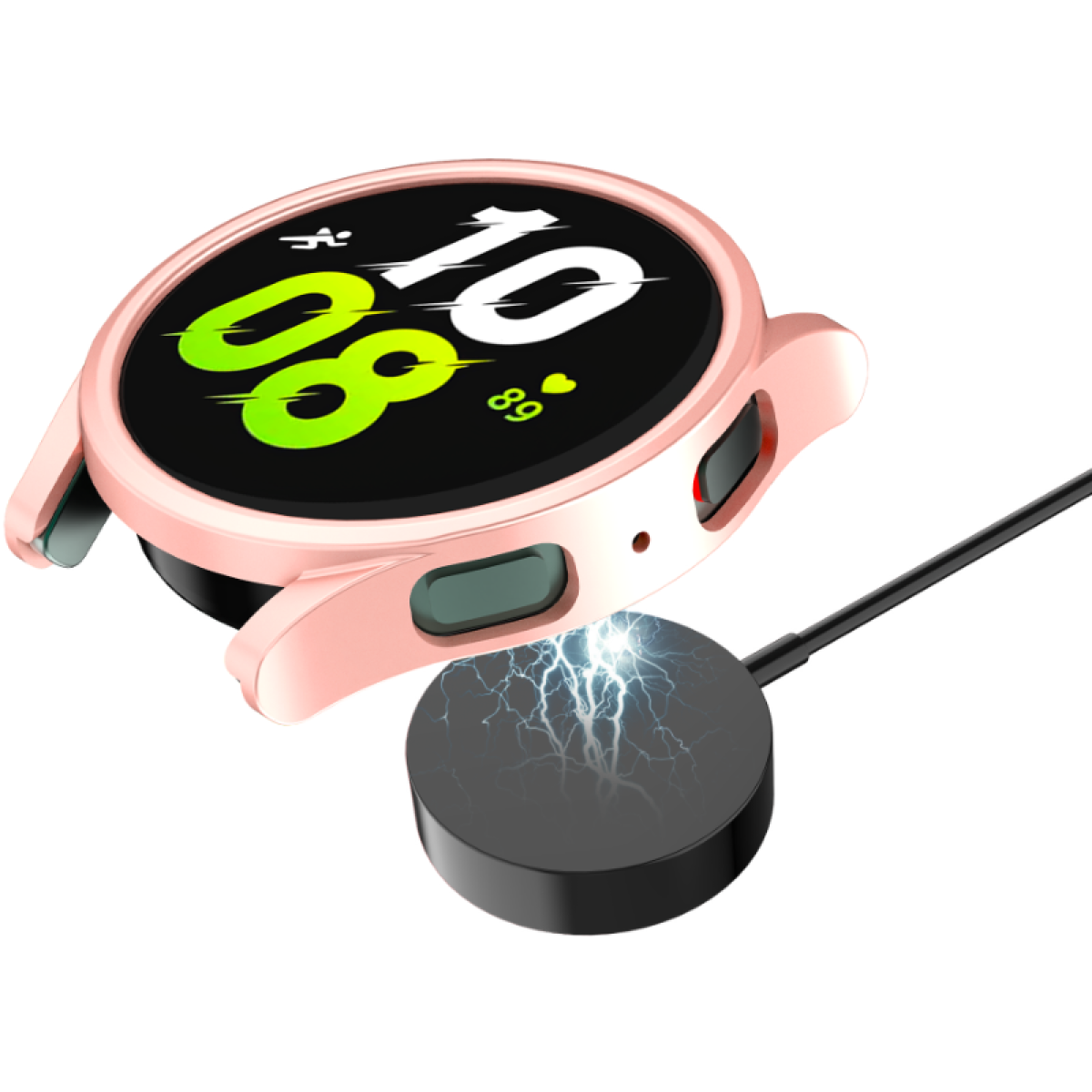 Een roze smartwatch bovenop een zwart oplaadpad, met bliksemeffect. Horloge toont 8 en 10, batterijpercentage 89. Zwarte kabel verbindt pad.