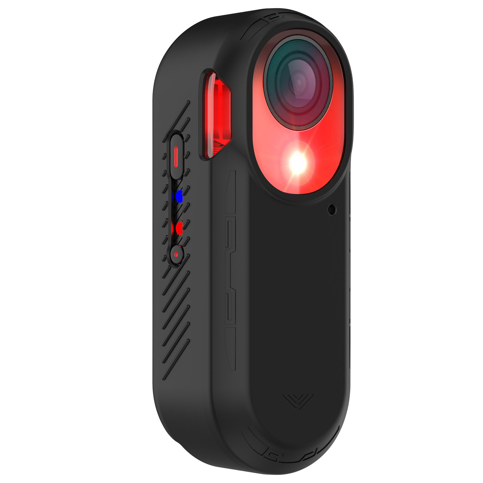 Una action camera nera con luce rossa. Ha un obiettivo, un indicatore luminoso rosso e una serie di pulsanti e luci.