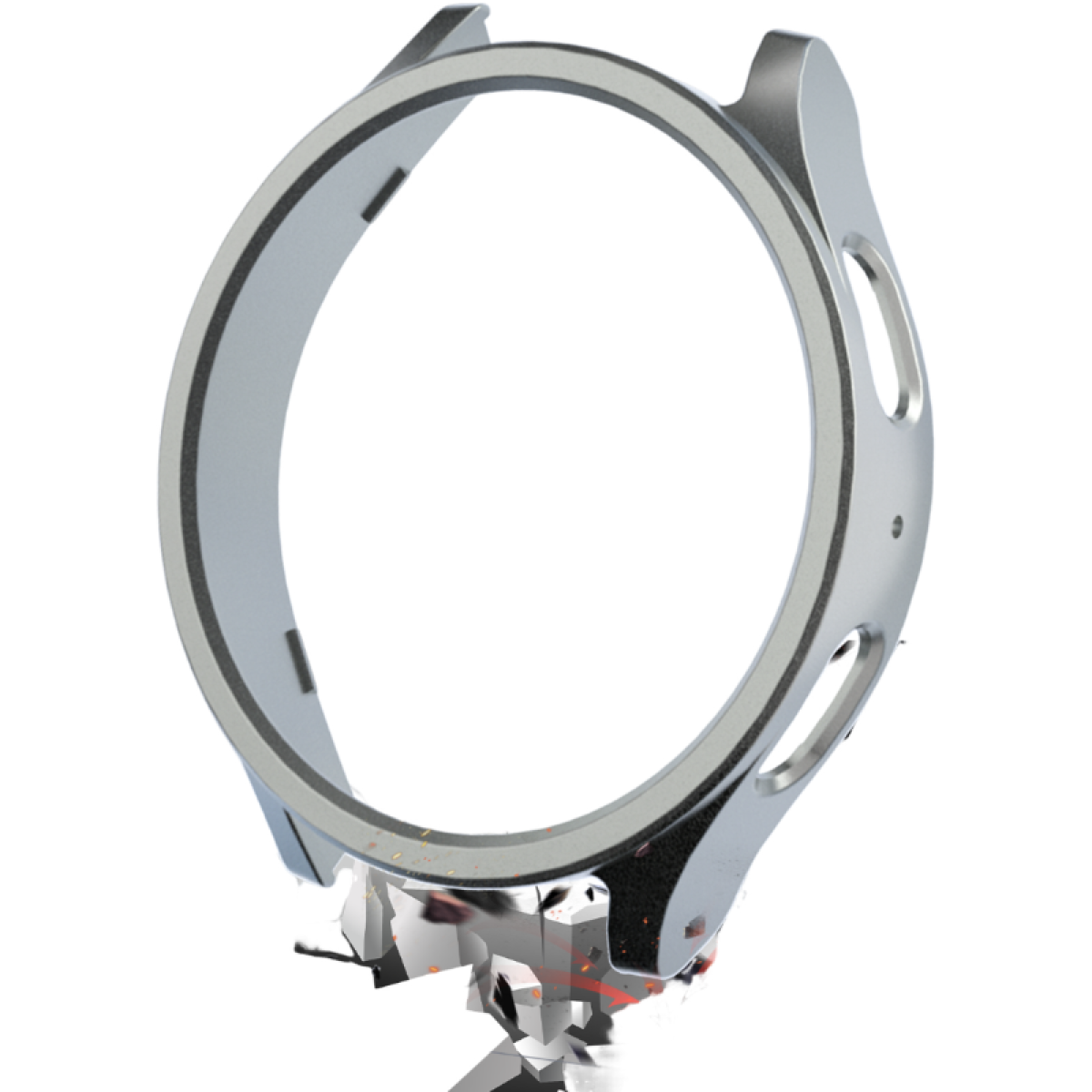 Een zilveren horzel met witte achtergrond. De bezel is cirkelvormig met een licht hoekig ontwerp. Een deel van het horloge is kapot.