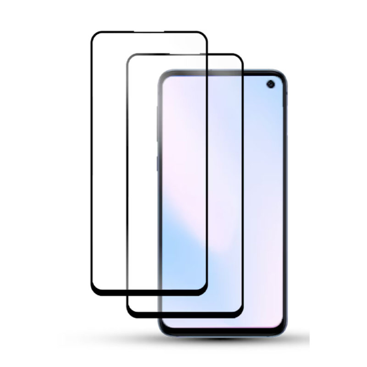 Uno smartphone con protezioni per lo schermo. Tre strati: due trasparenti, uno schermo con cornice nera. Il telefono ha una fotocamera frontale.