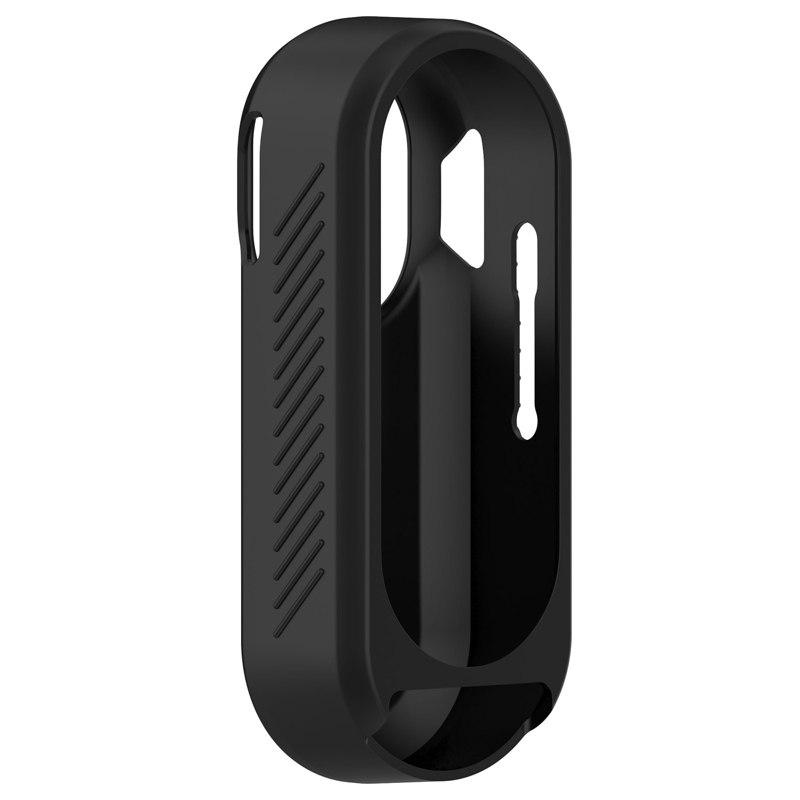 Una custodia in silicone nero per un dispositivo elettronico. A forma ovale con fori e lato strutturato.