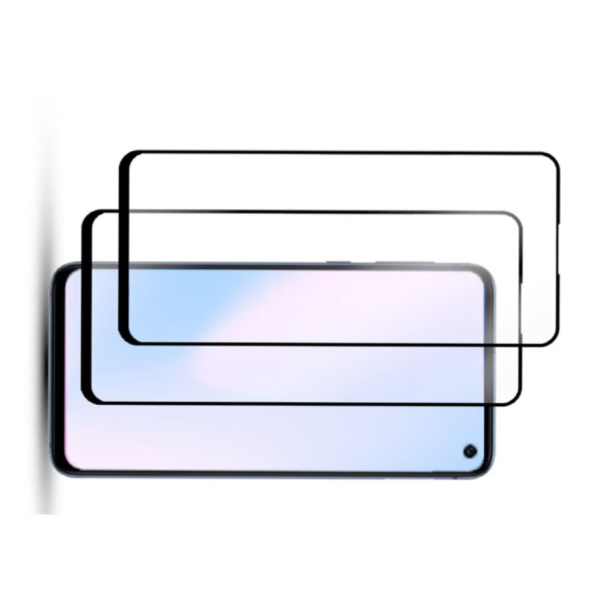 Uno smartphone con protezioni per lo schermo su sfondo bianco. Lo schermo del telefono è blu e bianco. Due protezioni nere.