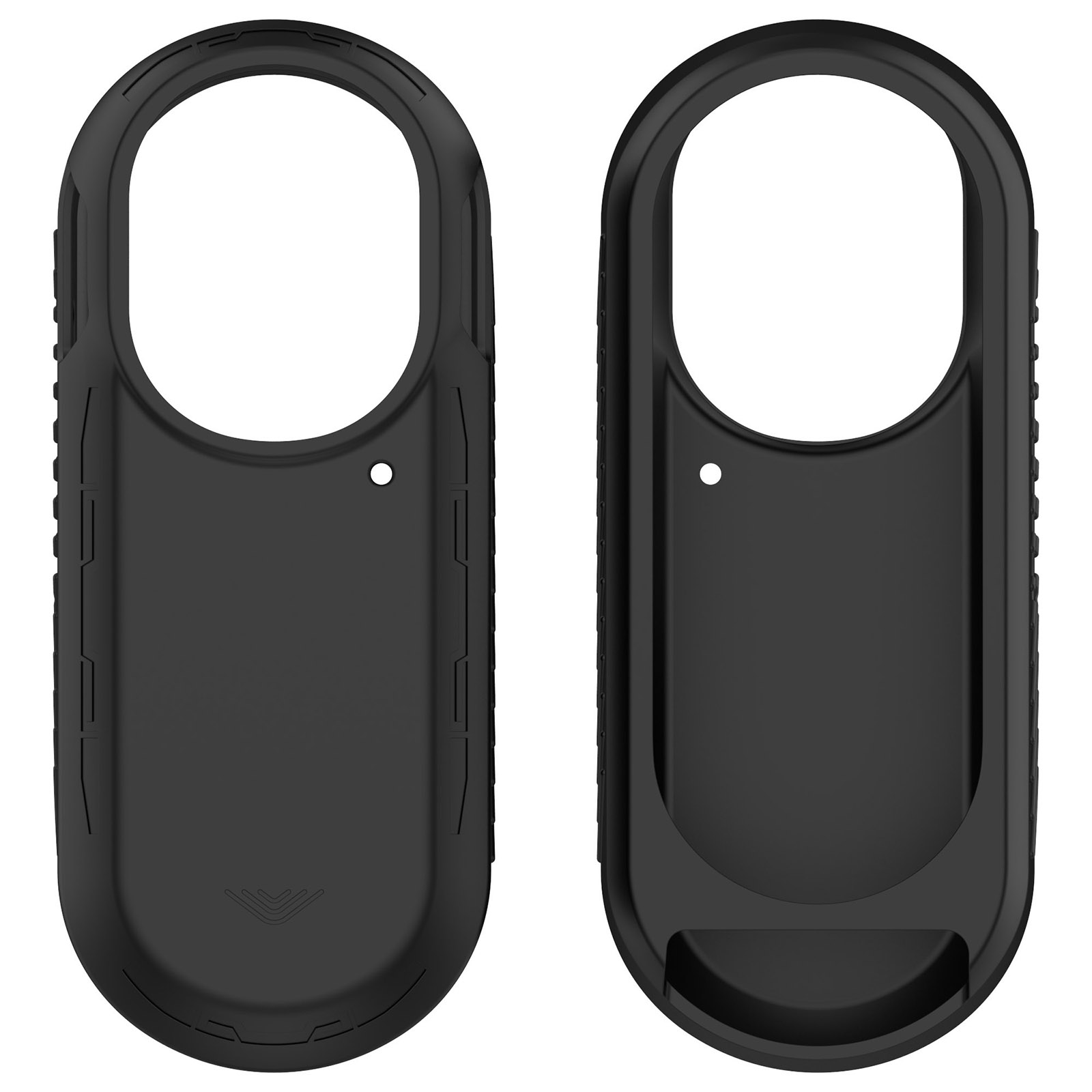 Due custodie nere per telefono, forma ovale con foro. Una è aperta, l'altra chiusa. Entrambe hanno un piccolo foro e lati strutturati.