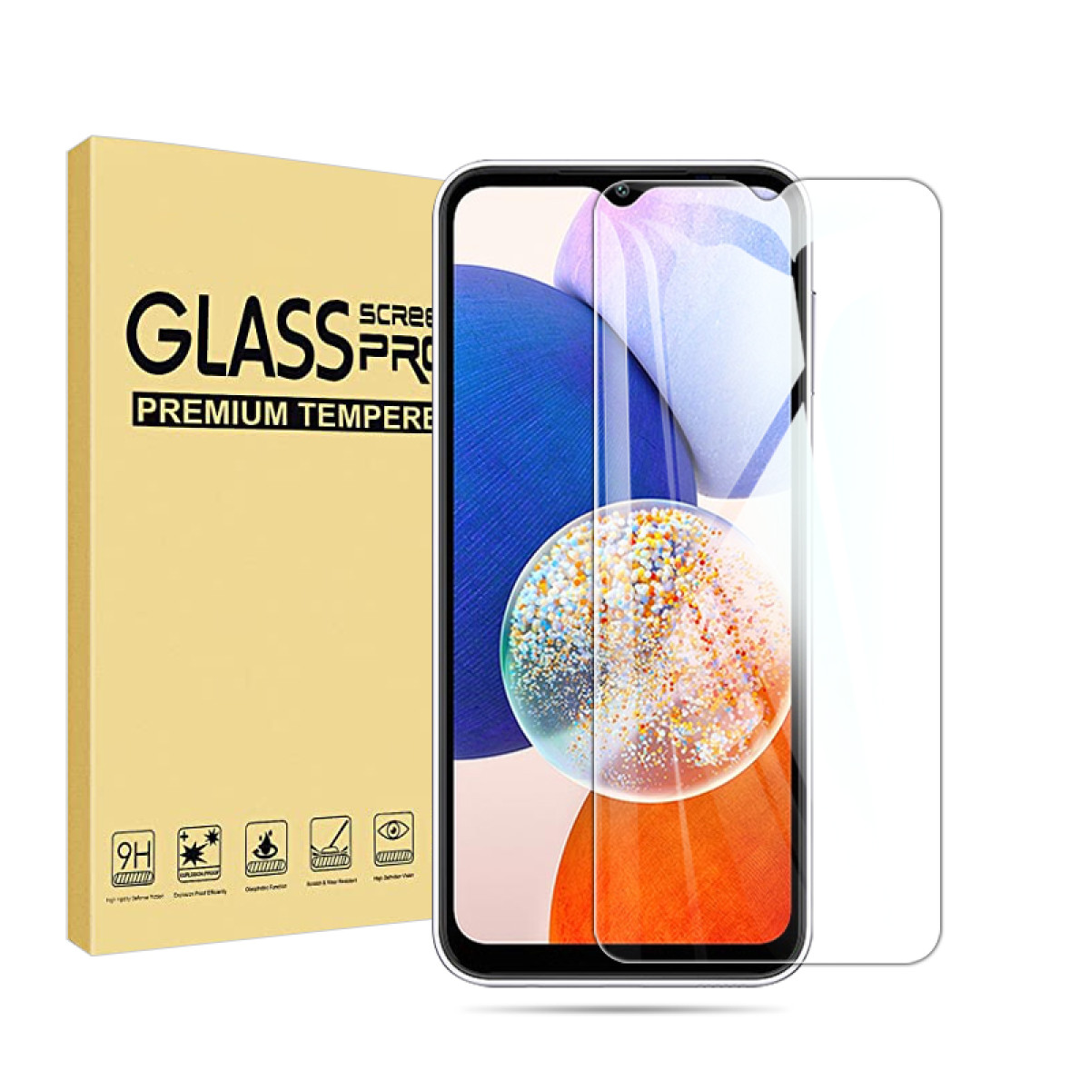 Telefon z ochraniaczem ekranu, pudełko z napisem 'GLASS PRO' i osobny ochraniacz ekranu na białym tle.