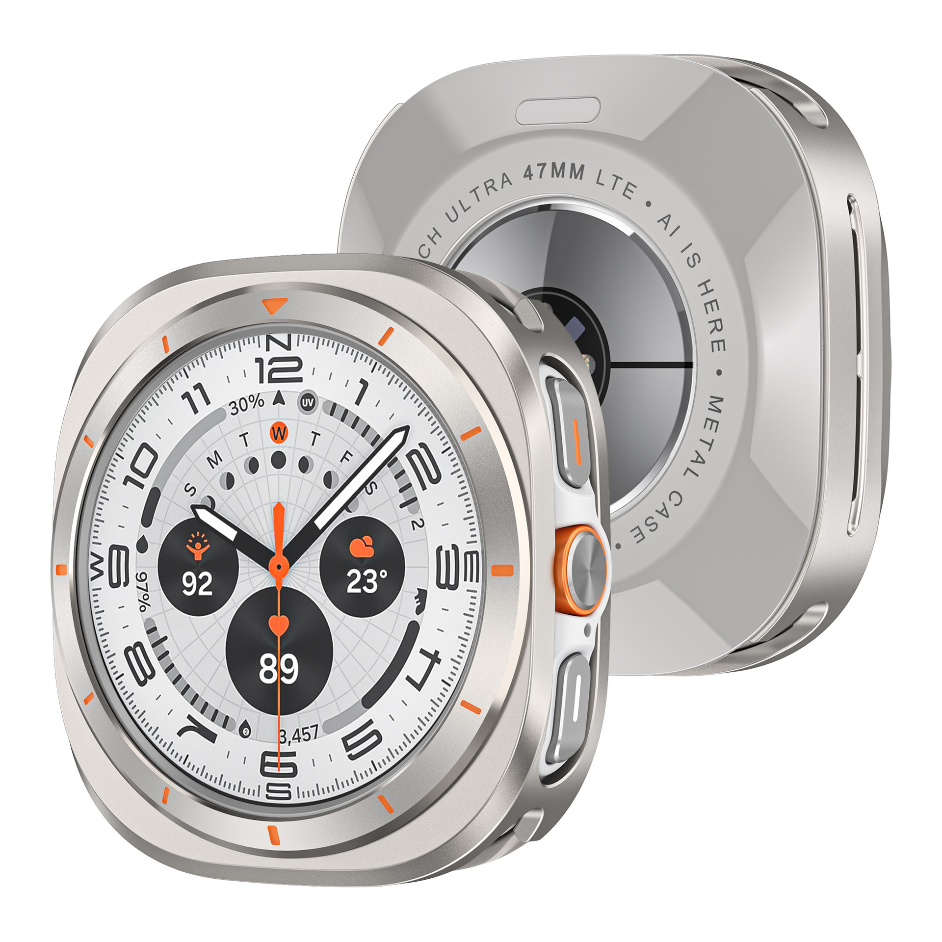 Srebrny smartwatch z białą tarczą wyświetla czas i dane. Srebrna obudowa z tyłu. Obecne pomarańczowe akcenty.