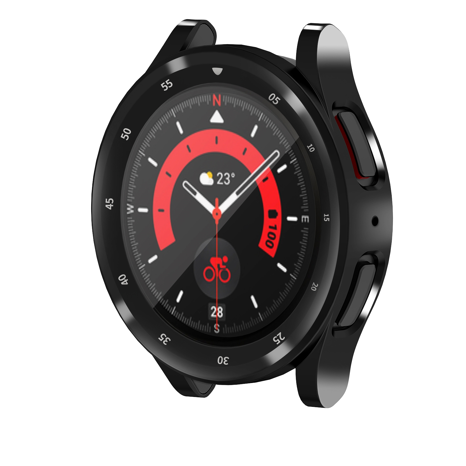 Eine schwarze Smartwatch mit rotem und schwarzem Interface. Sie zeigt Zeit, Temperatur und ein Fahrradsymbol. Die Lünette hat Zahlen.