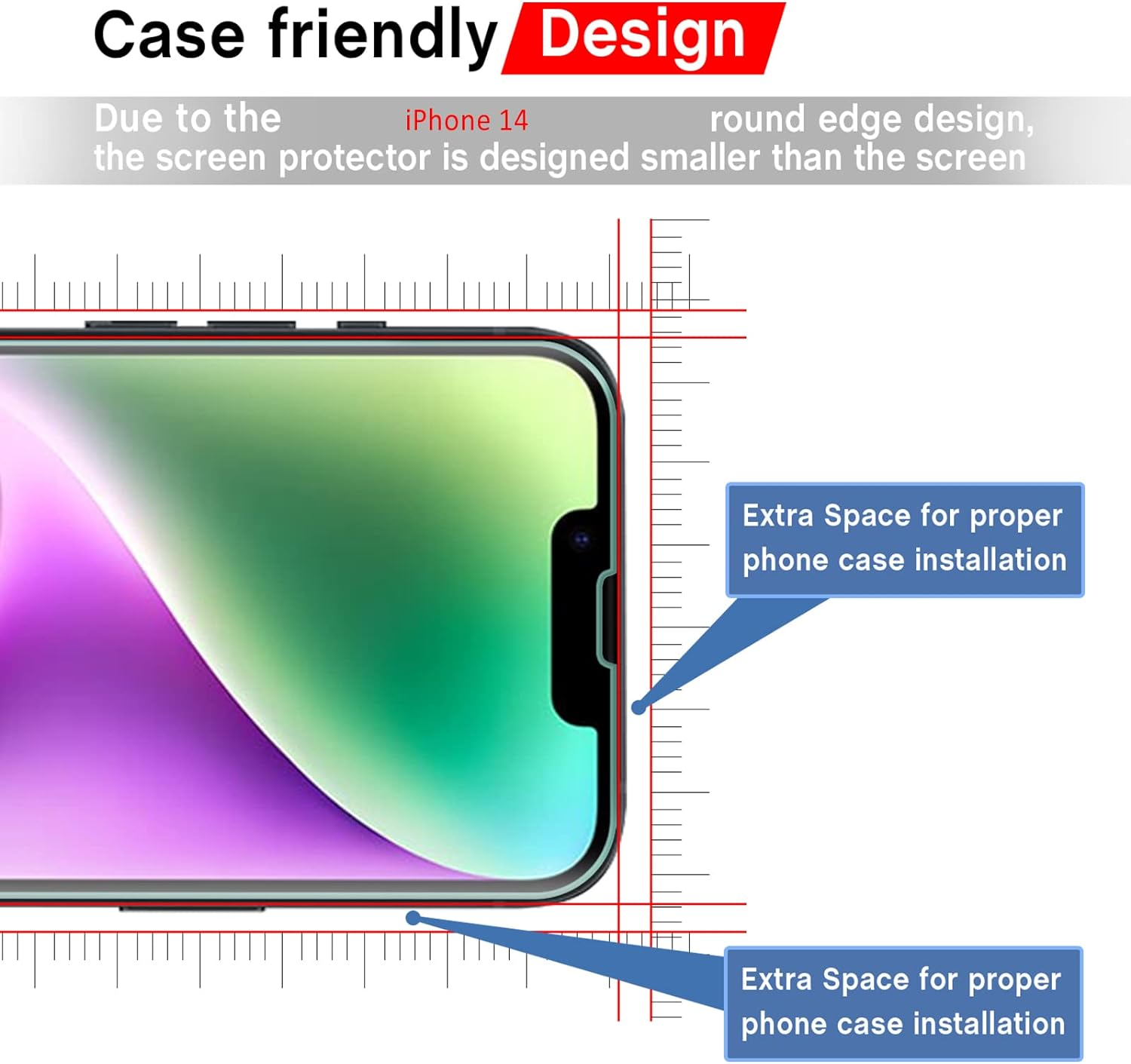 Diagram van iPhone 14 schermbeschermer. Toont het ontwerp van de beschermer, met extra ruimte voor de installatie van de hoes.