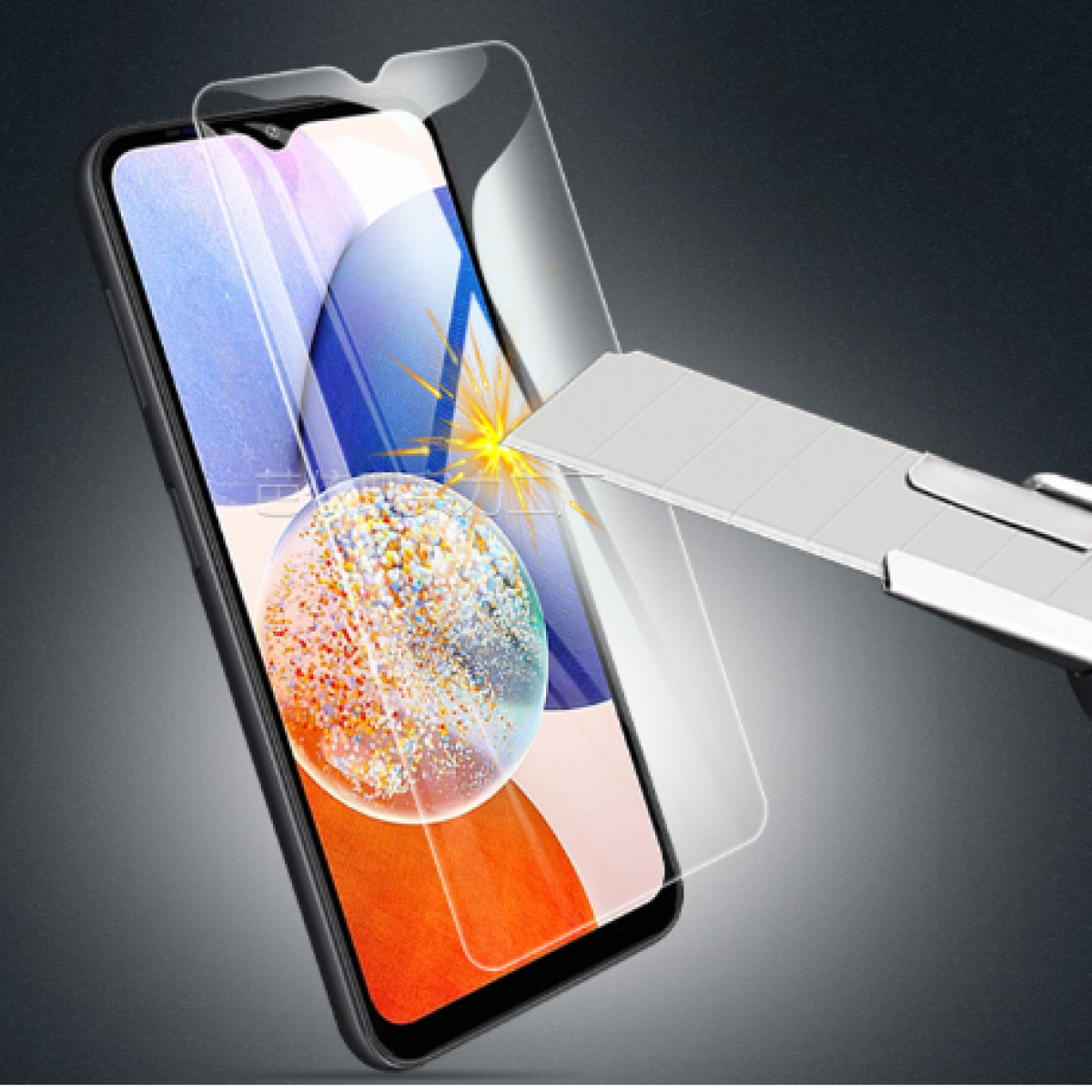 Telefon z ochraniaczem ekranu testowany nożykiem do tapet. Ekran wyświetla kolorową grafikę, tło jest ciemne.