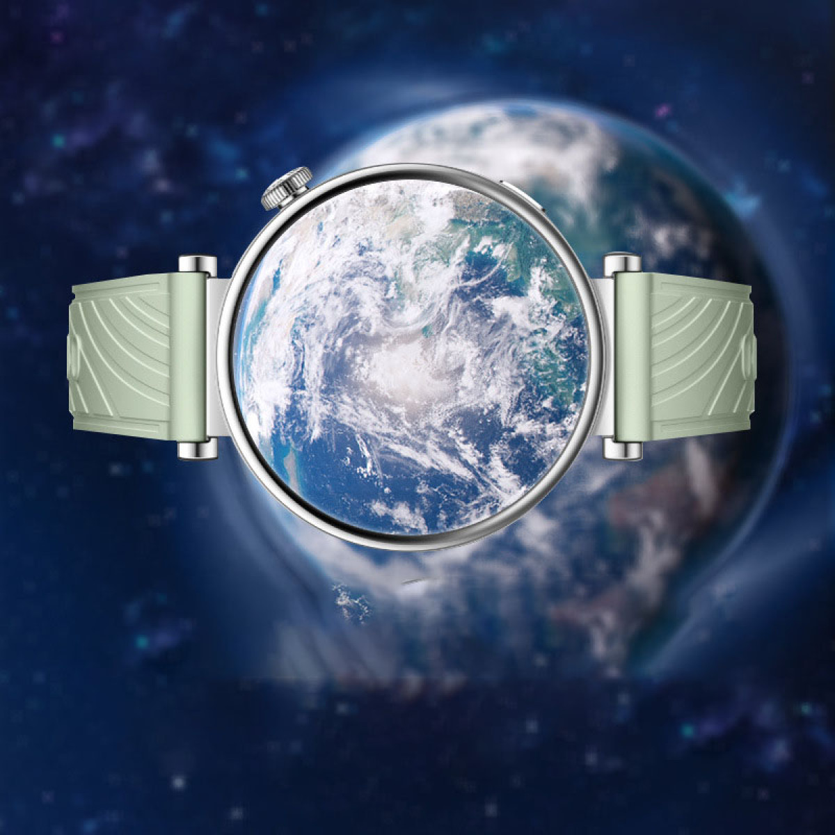 Un orologio con la Terra come quadrante. Cinturini verde chiaro e una cornice argentata. La Terra sullo sfondo, contro un cielo stellato.
