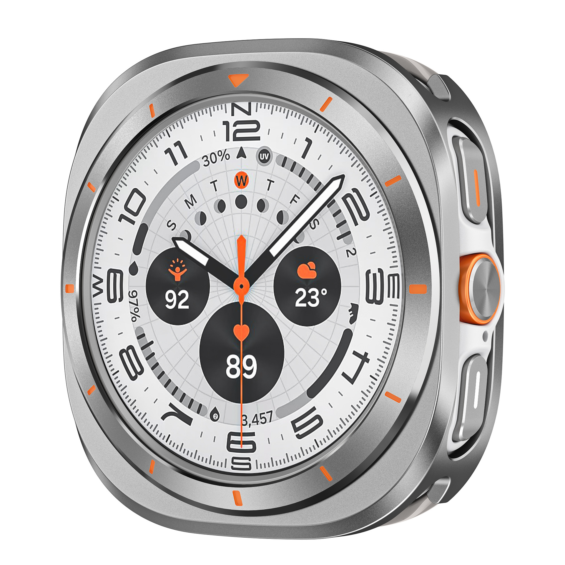 Srebrny smartwatch wyświetla godzinę, datę i dane zdrowotne. Posiada pomarańczowe akcenty i czarne okręgi na białym tle.