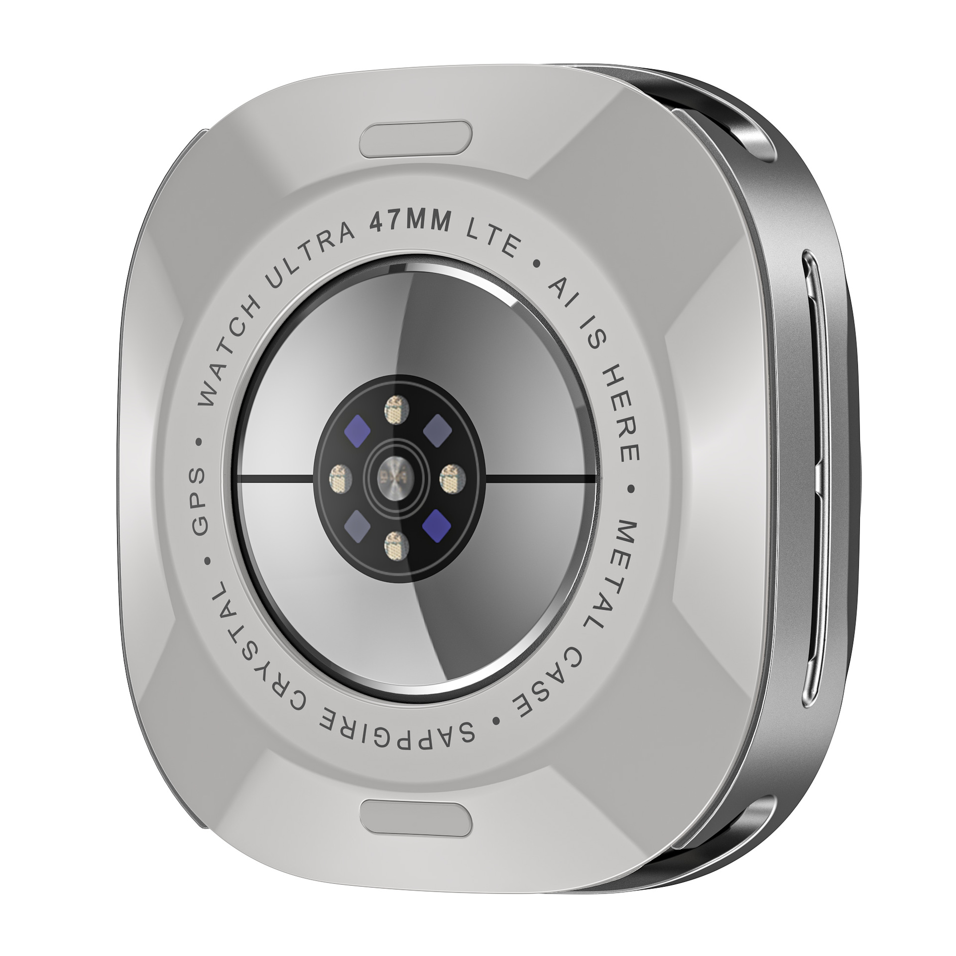 Zbliżenie tyłu smartwatcha. Srebrna obudowa, błyszczący czarny środek z czujnikami i tekstem: GPS, Watch Ultra, Sapphire Crystal, Metal Case.