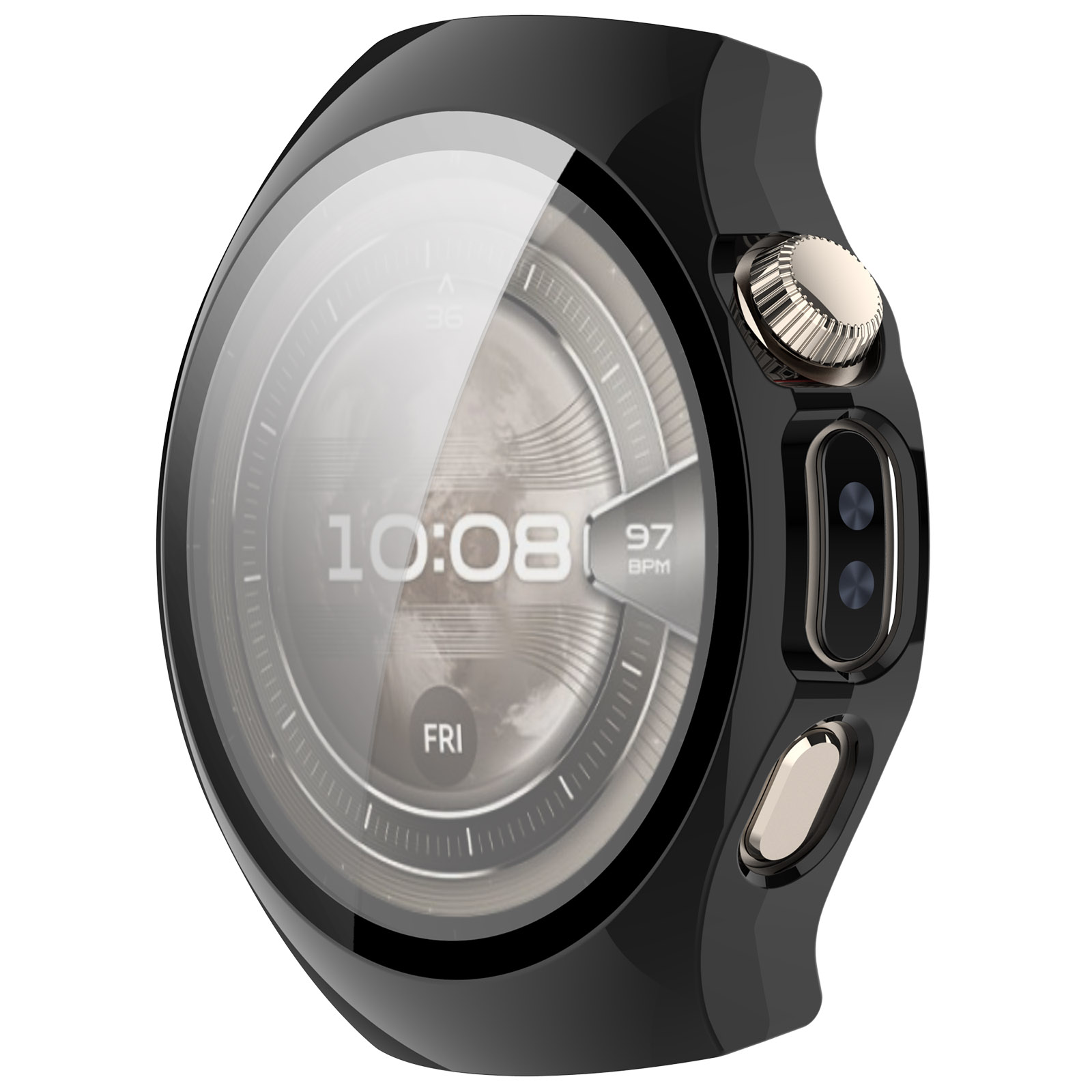 Une montre connectée noire affiche 10h08, vendredi et 97 BPM. Elle possède un bouton couronne doré et des boutons latéraux. Le fond est blanc.