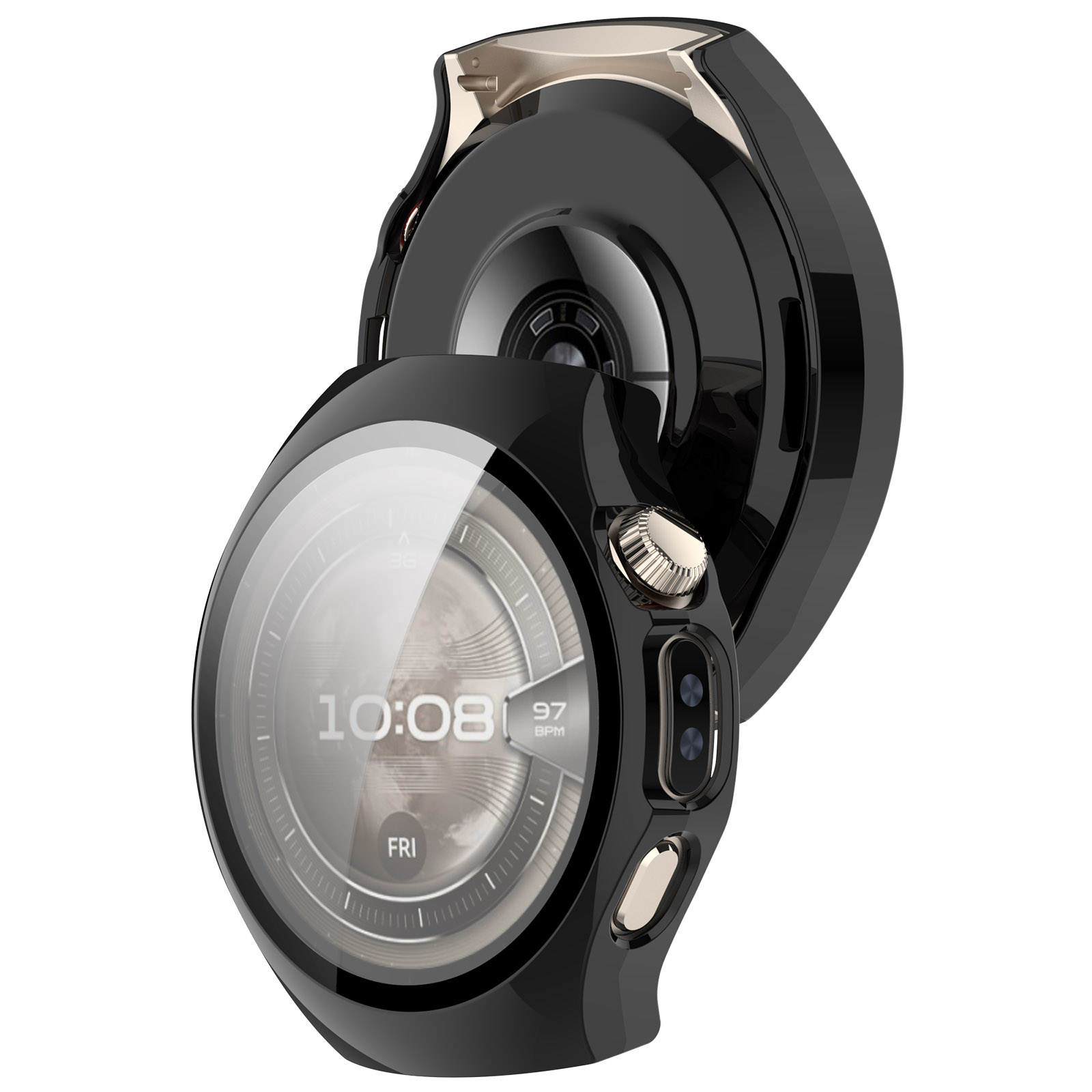 Montre connectée noire avec écran rond affichant l'heure. Elle a une lunette et des boutons dorés. La deuxième montre est en arrière-plan.
