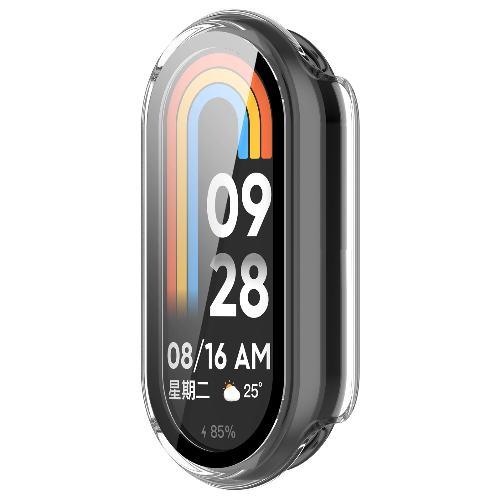 Uno smartwatch mostra data, ora, meteo e percentuale batteria. L'orologio è nero e ha una copertura in plastica trasparente.