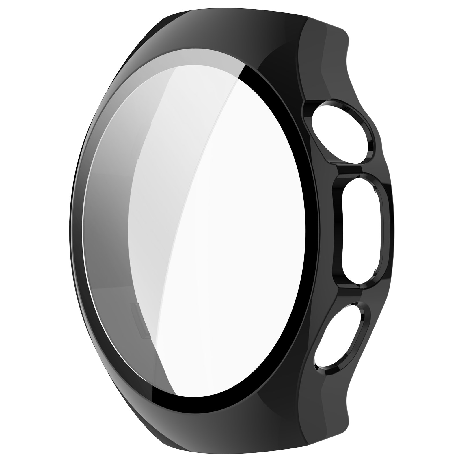 Un boîtier de montre noir avec un écran circulaire transparent. Le boîtier a trois découpes ovales sur le côté.