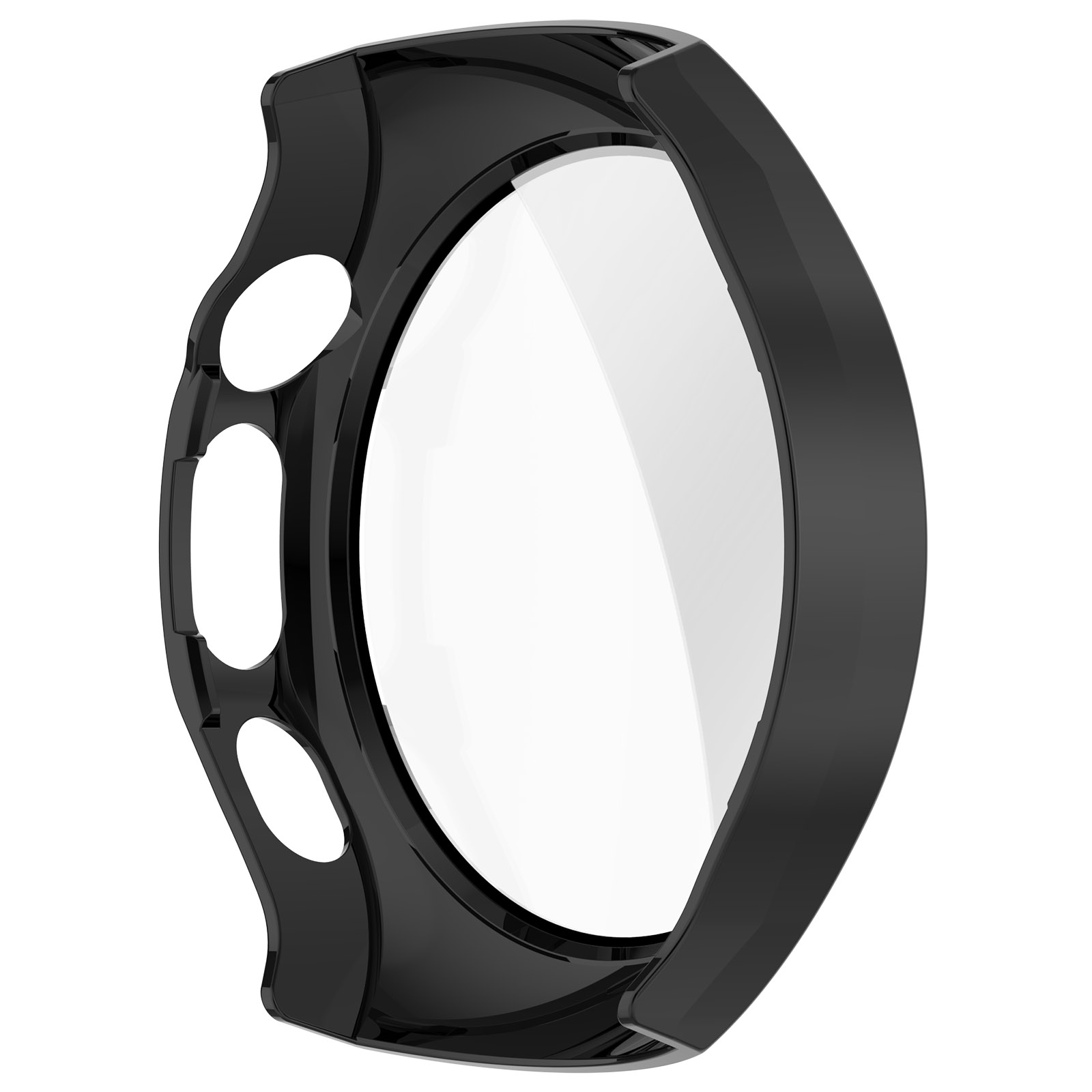Boîtier de montre noir avec protecteur d'écran transparent. Il a trois ouvertures ovales et un design incurvé.