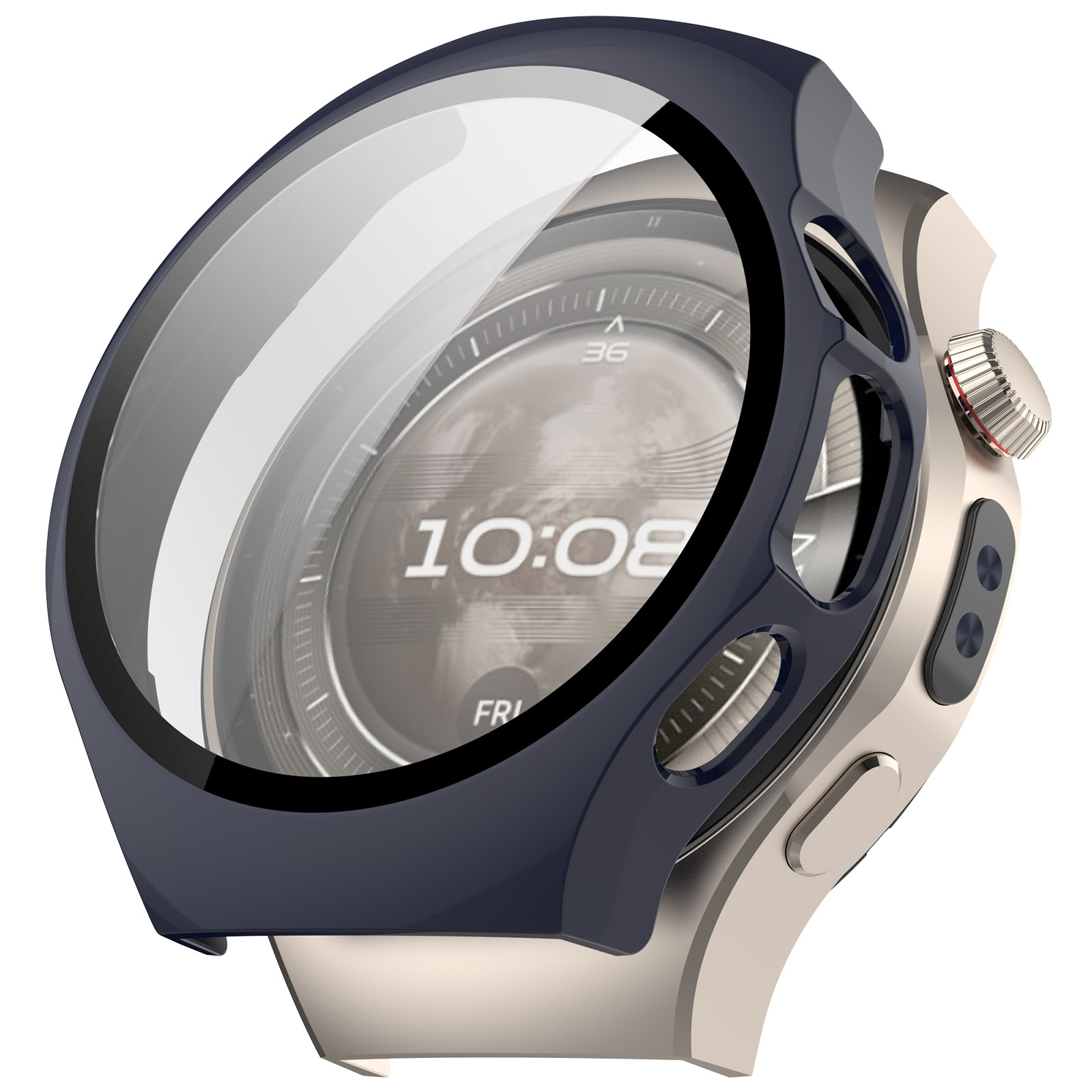 Uno smartwatch con una cover protettiva blu navy. Lo schermo mostra l'ora 10:08. Corpo metallico con pulsanti e corona.
