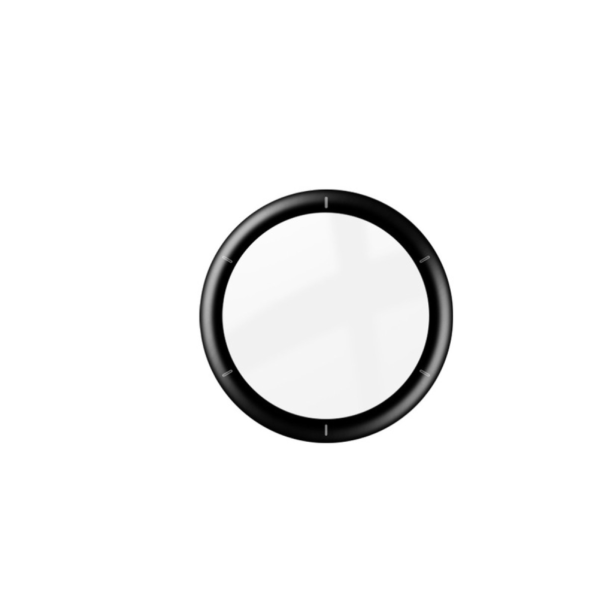 Ein schwarzer Ring mit weißer Mitte auf weißem Hintergrund. Der Ring hat kleine, vertikale Linien in regelmäßigen Abständen.