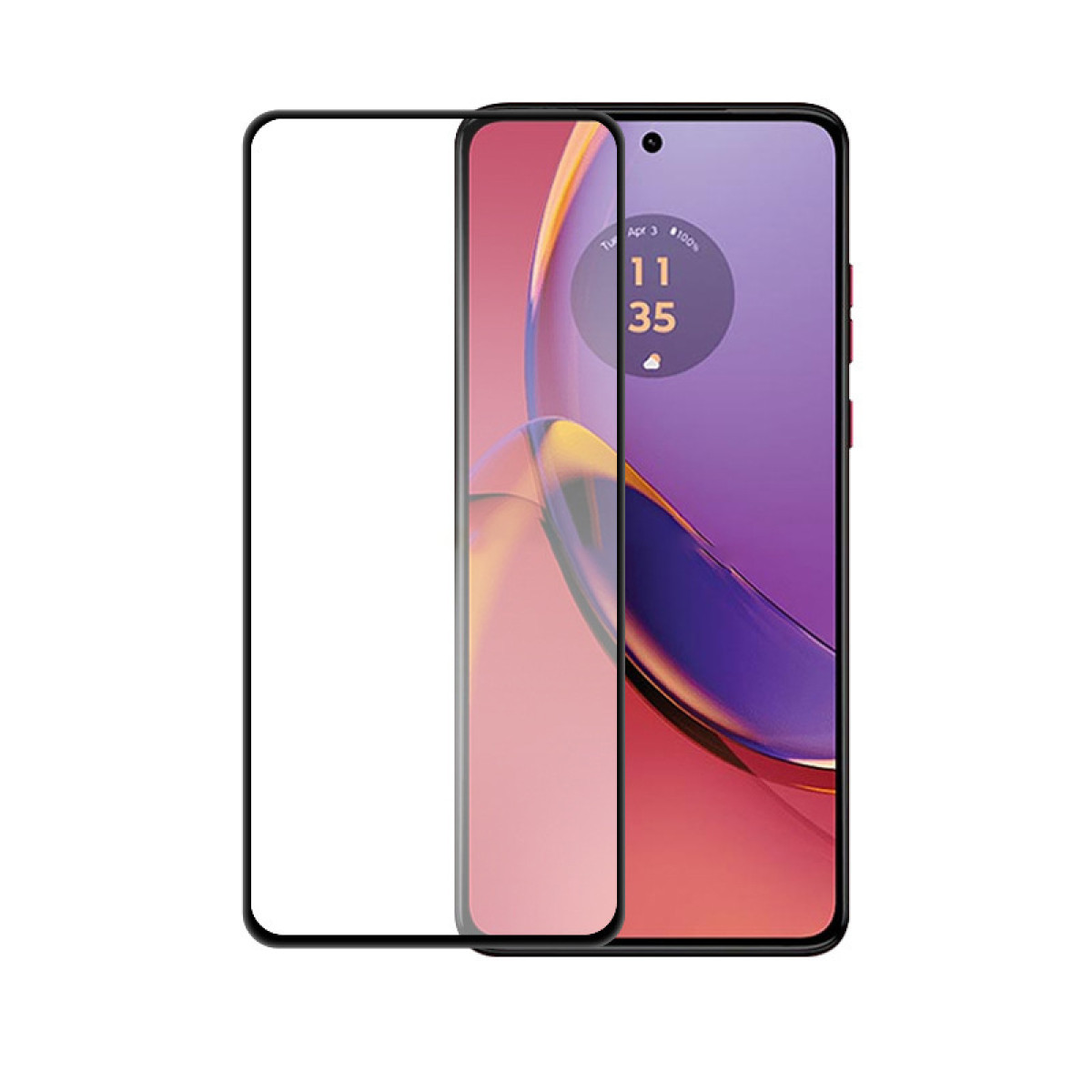 Uno smartphone con protezione schermo. Il telefono mostra uno sfondo viola e rosso con data e ora. La protezione è trasparente.