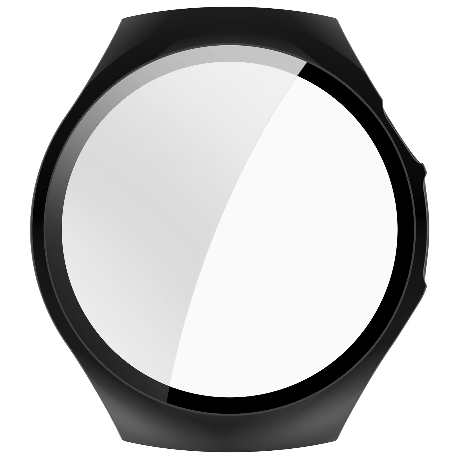 Cadre de montre intelligente noir avec écran circulaire blanc. Le cadre a un design lisse et incurvé, isolé sur fond blanc.