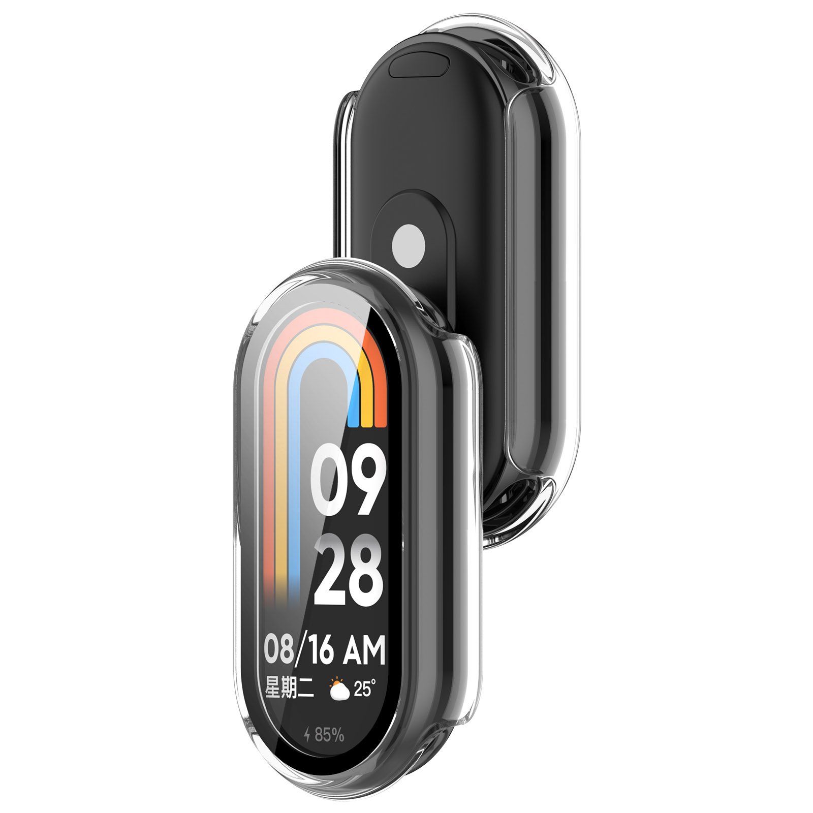 Due smartwatch neri con custodie trasparenti. Uno mostra l'ora: 09:28, data, meteo e percentuale batteria.