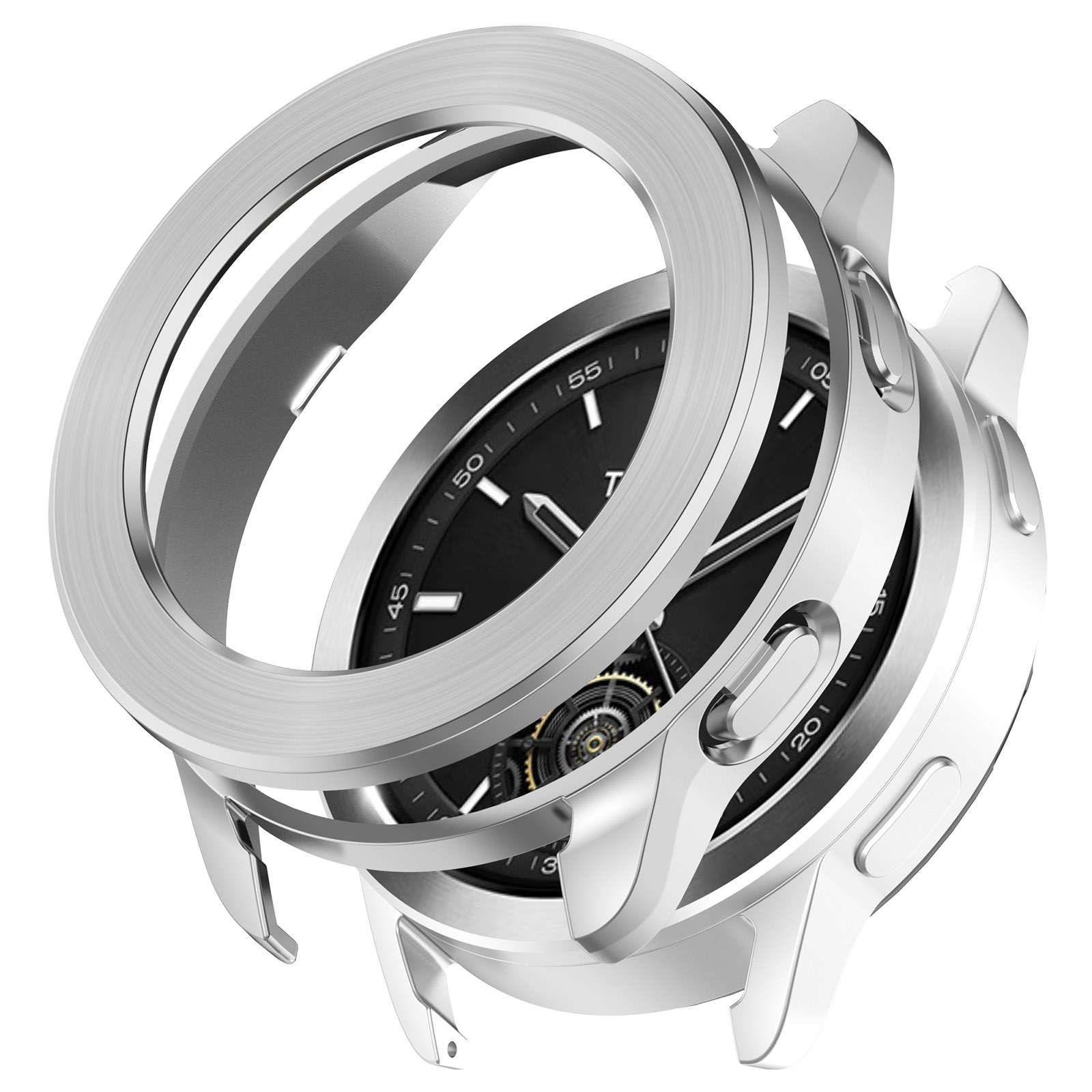 Primo piano di una cassa di orologio argentata con quadrante nero. L'orologio ha una lunetta circolare e ingranaggi visibili.