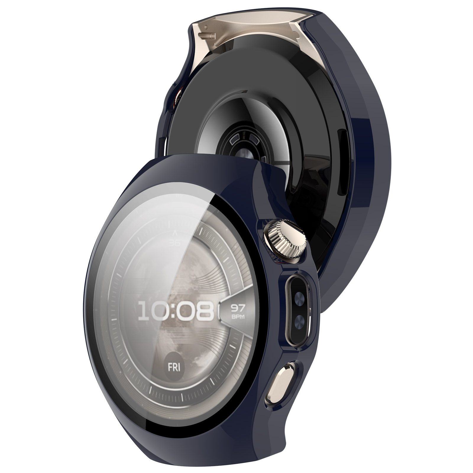 Smartwatch con cassa blu navy, mostra le 10:08, con dettagli dorati. Lo schermo mostra ora e frequenza cardiaca.