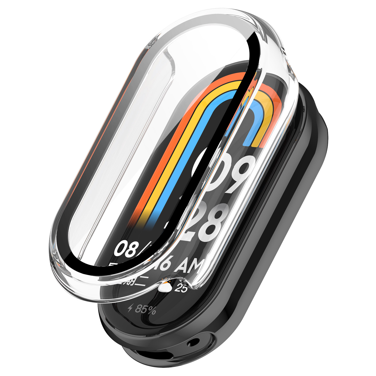 Uno smartwatch nero con una cover trasparente, che mostra l'ora e la percentuale della batteria. Ha un display colorato. La cover è leggermente aperta.