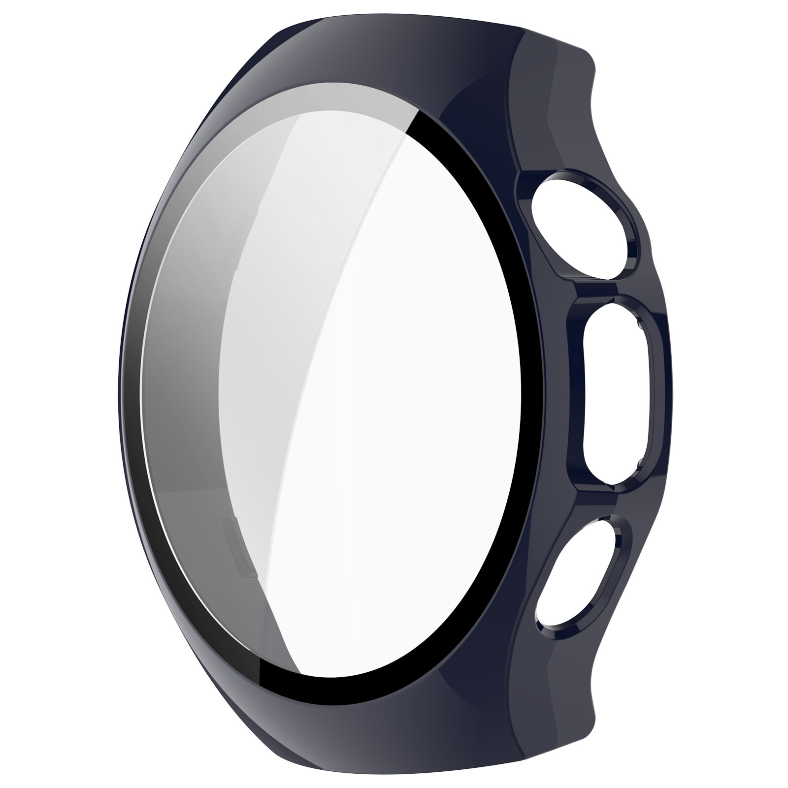 Una custodia blu scuro per smartwatch con protezione schermo trasparente, tre aperture laterali e finitura lucida.
