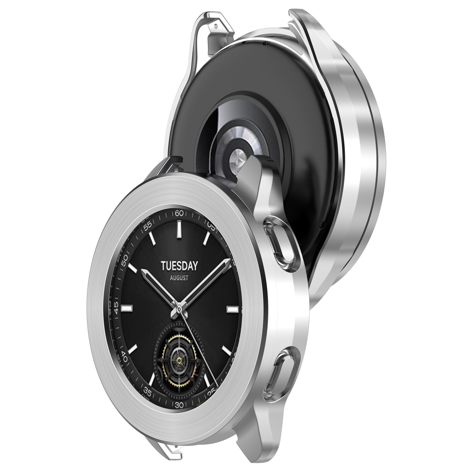 Uno smartwatch argentato mostra 'Martedì, agosto' su un quadrante nero. L'orologio è parzialmente aperto.