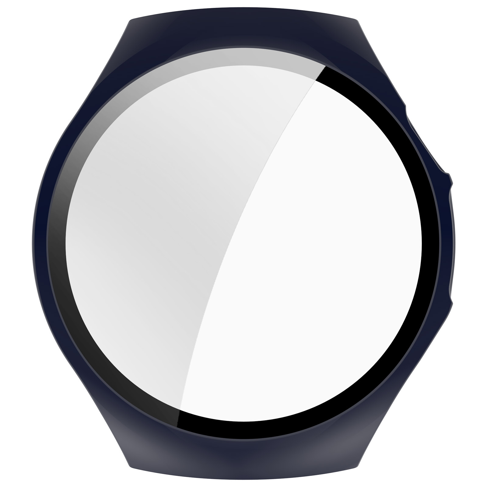 Primo piano di un componente di smartwatch. Presenta una lunetta blu scuro, un bordo nero e uno schermo bianco. La forma è ottagonale.