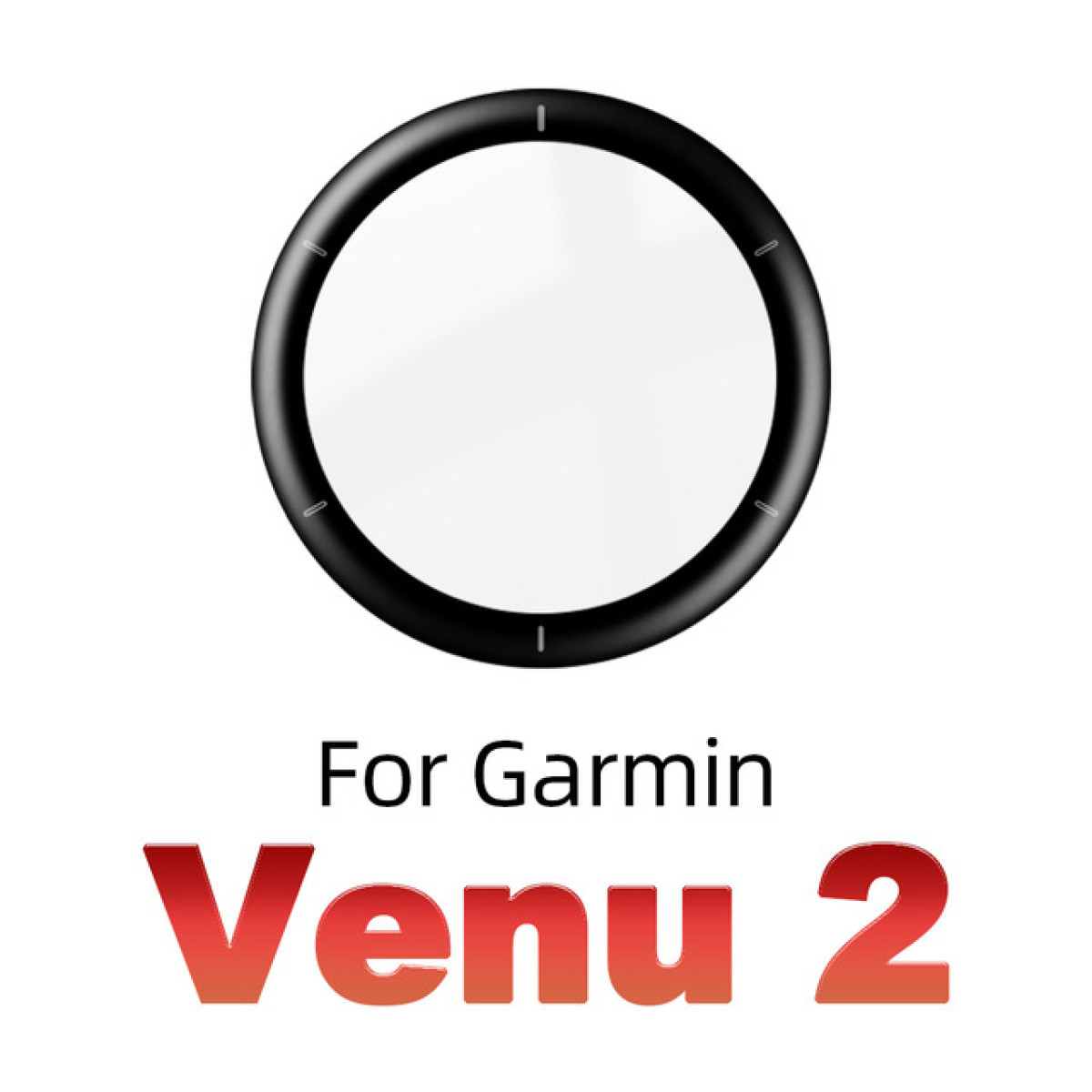 Ein schwarzer Ring mit weißem Zentrum liegt über dem Text "For Garmin Venu 2" in rotem Farbverlauf auf weißem Hintergrund.