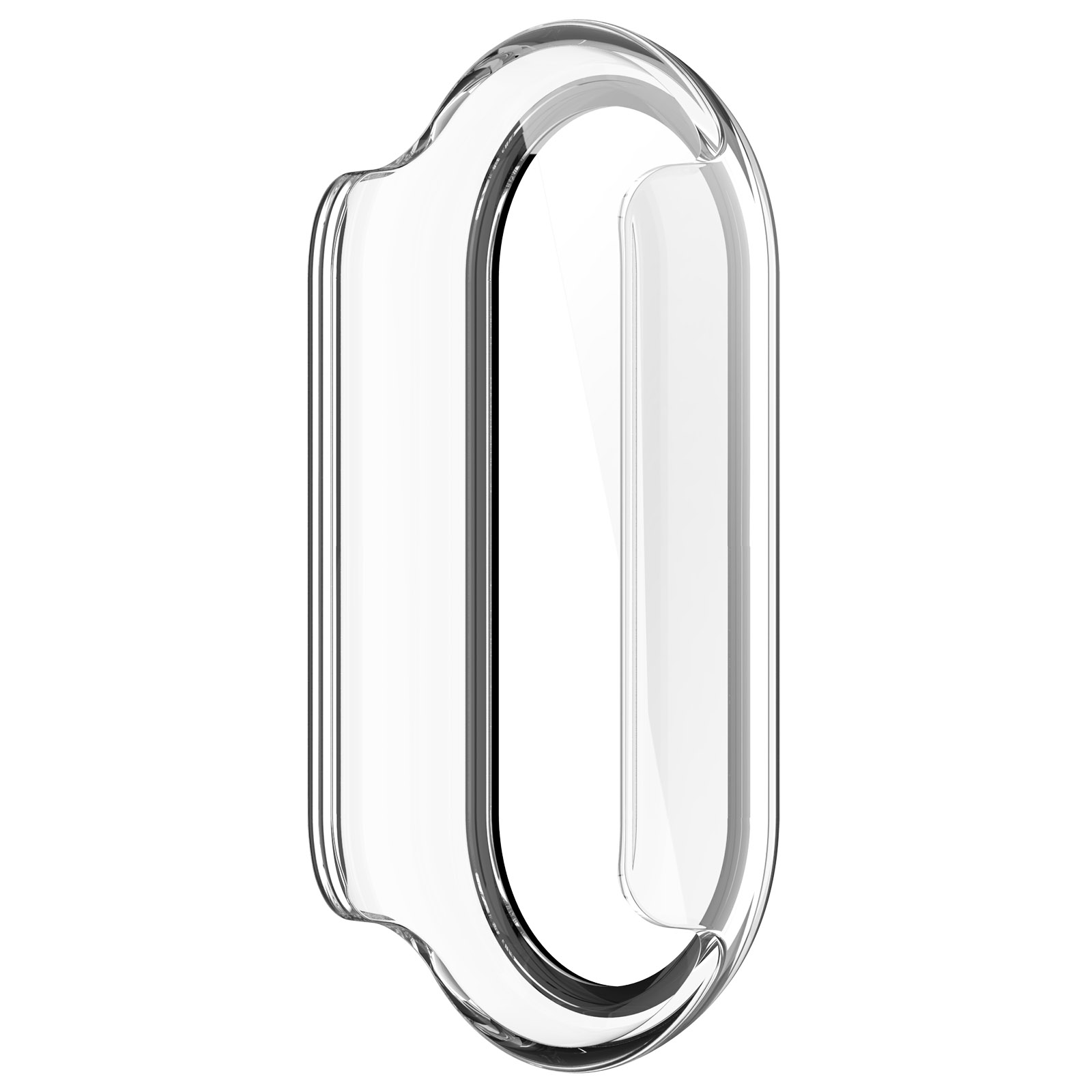 Una custodia in plastica trasparente e curva. Ha una forma allungata con bordi arrotondati e un'apertura stretta, su sfondo bianco.