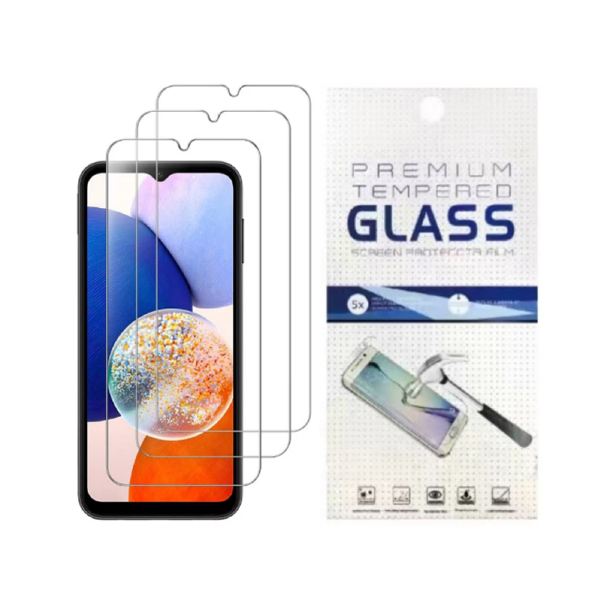 Smartfon z ochroną ekranu, szklanymi ochraniaczami i opakowaniem z napisem "Premium Tempered Glass". Telefon ma kolorowy ekran.