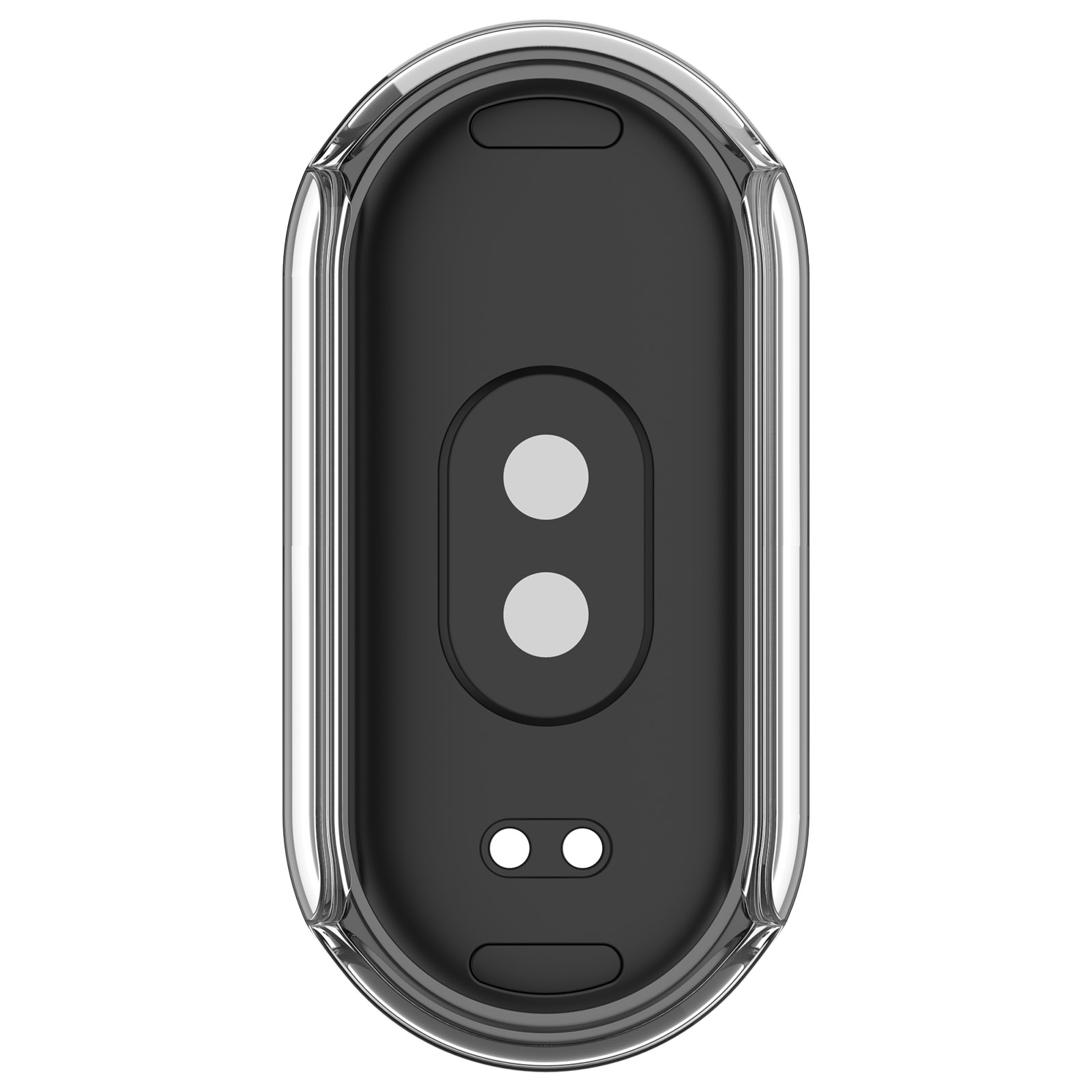 Una custodia nera per smartband con cornice trasparente. Ha due cerchi bianchi e due puntini bianchi più piccoli.
