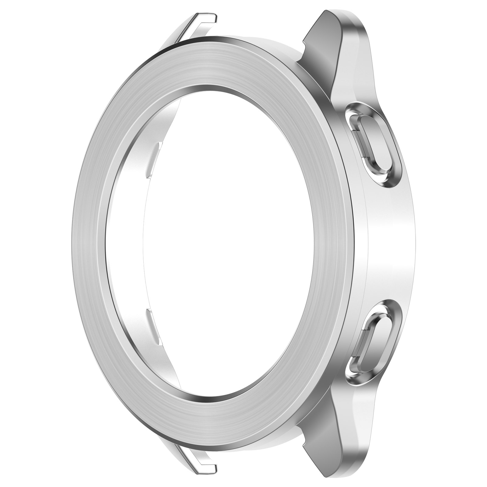 Una cassa per orologio argentata con centro trasparente. Ha un design arrotondato con due pulsanti laterali.