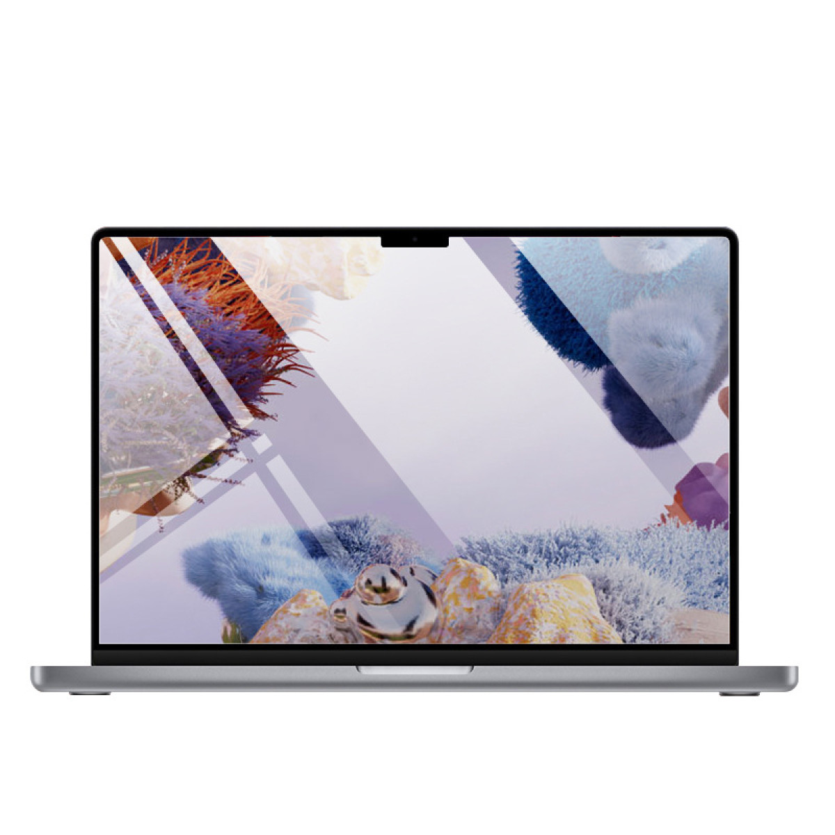 Laptop met een reflecterend scherm met kleurrijke abstracte vormen: blauw, oranje, paars en geel. Zilveren laptop op witte achtergrond.