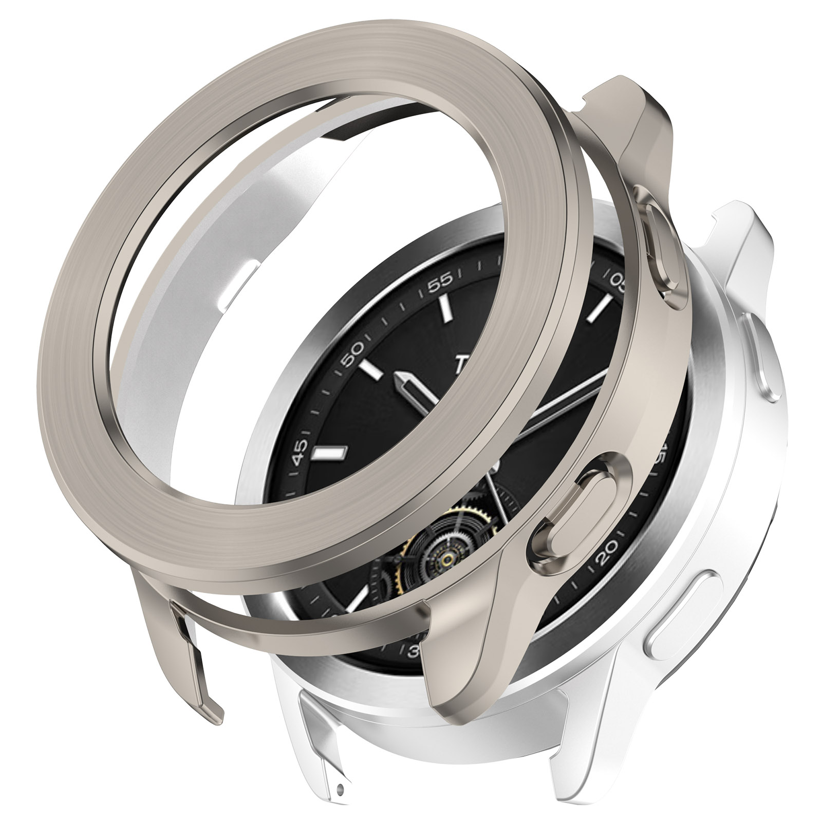 Uno smartwatch argentato con quadrante nero e lunetta metallica staccata. L'orologio presenta numeri e lancette.