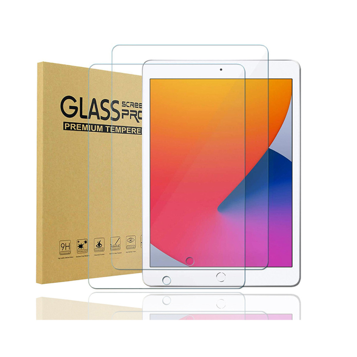 Un iPad avec des protecteurs d'écran et une boîte. L'écran de l'iPad affiche un arrière-plan coloré. La boîte indique 'GLASS PRO' et 'PREMIUM TEMPERE'.