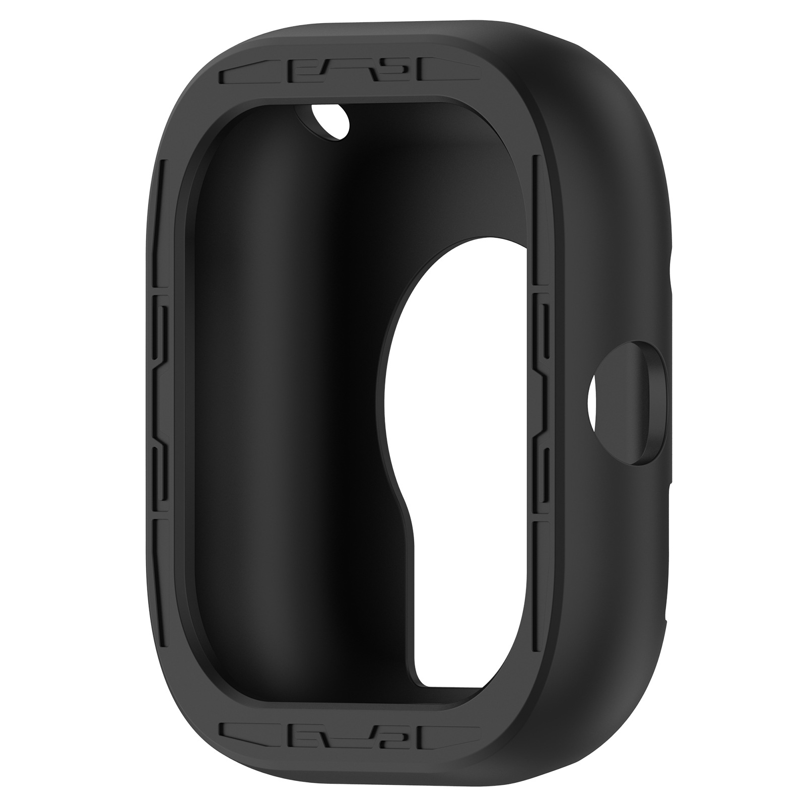Custodia protettiva nera per un dispositivo, probabilmente un orologio. Ha un design rettangolare con angoli arrotondati e diverse aperture.