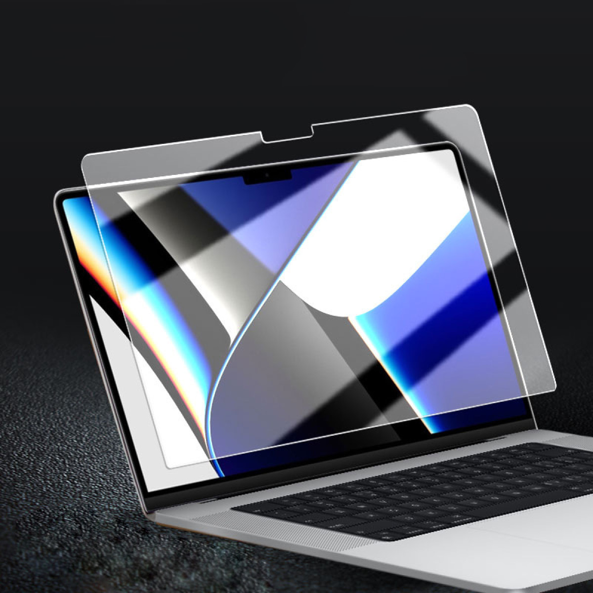 Laptop met schermbeschermer. Het scherm toont blauwe, witte en zwarte abstracte graphics.
