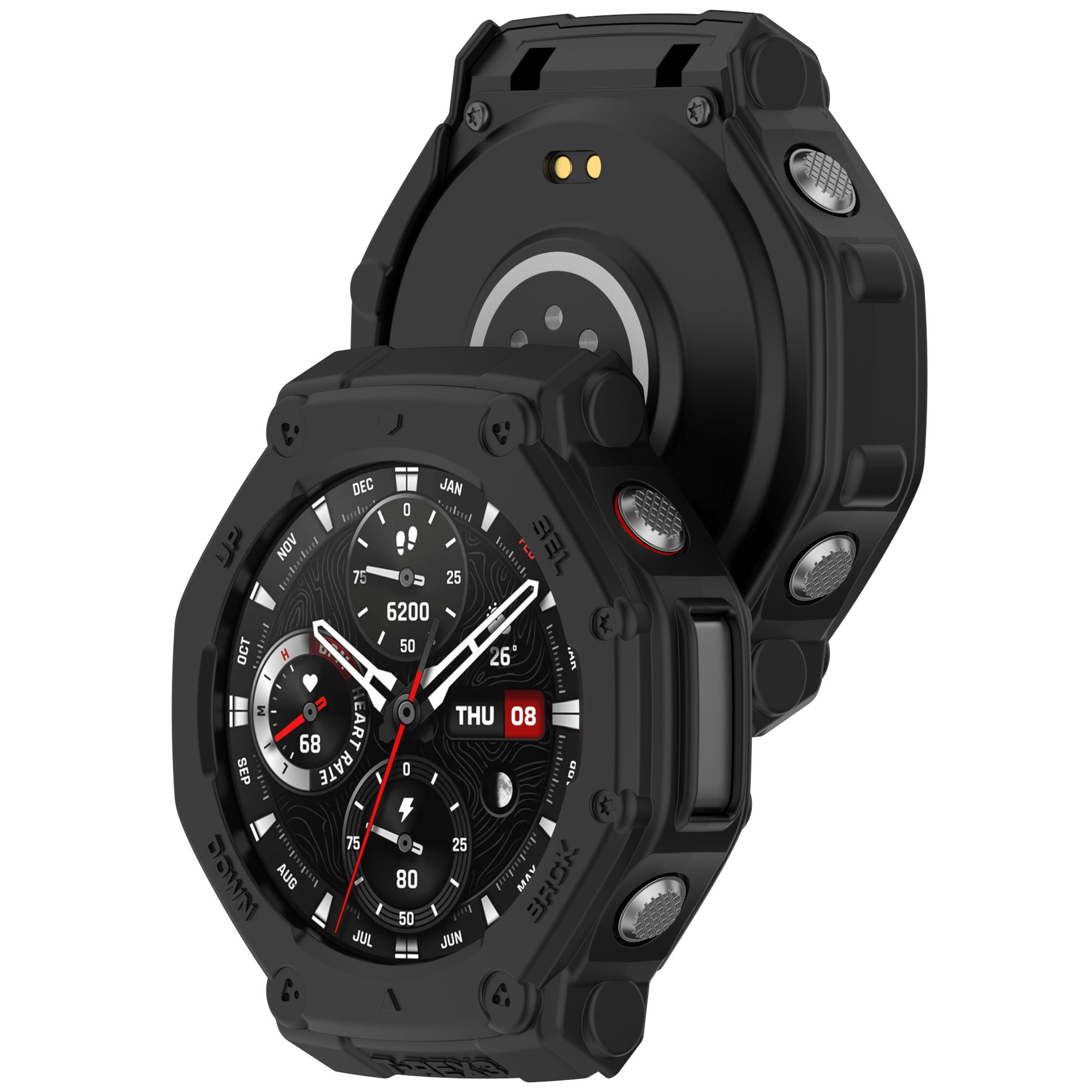 Smartwatch nero mostra ora, frequenza cardiaca e altre metriche. Ha due pulsanti laterali e retro nero.